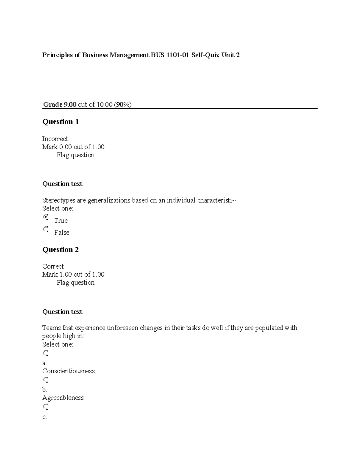 Principles Of Business Management BUS 1101-01 Self-Quiz Unit 2 - Flag ...