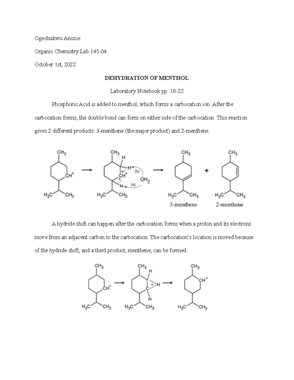 Organic Chemistry Lab Experiment 3 Lab Report Ogechukwu Anozie Organic Chemistry Lab 145