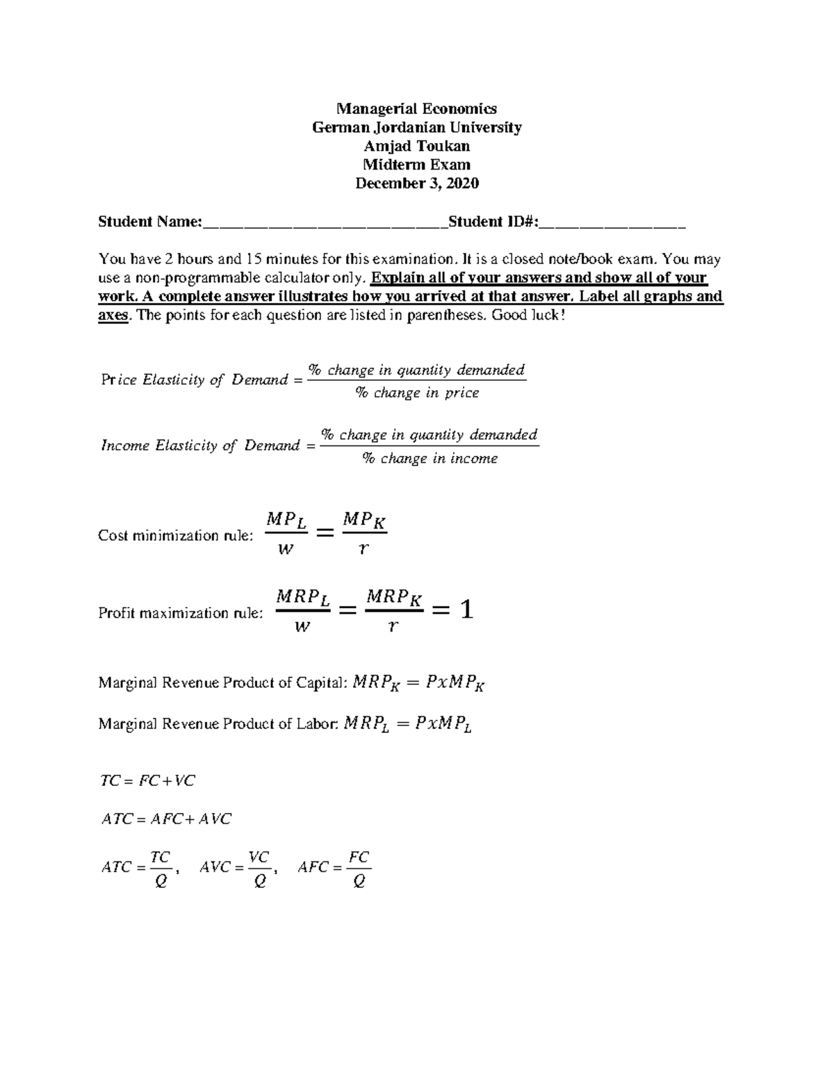 Managerial Economics Midterm Exam Fall 2020 Answers - Managerial ...