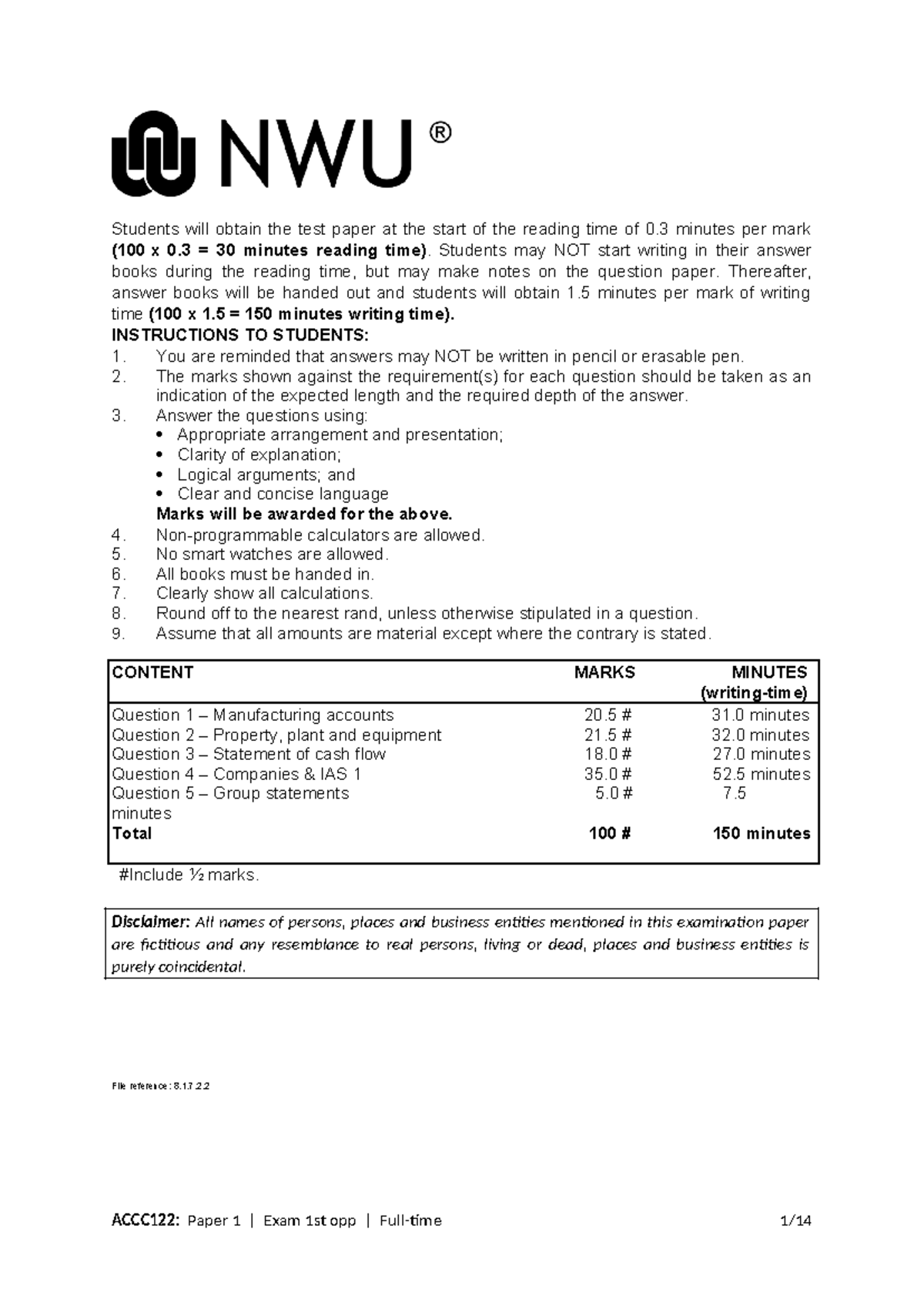 ACCC 122 2022 First Opp prot Students will obtain the test paper at