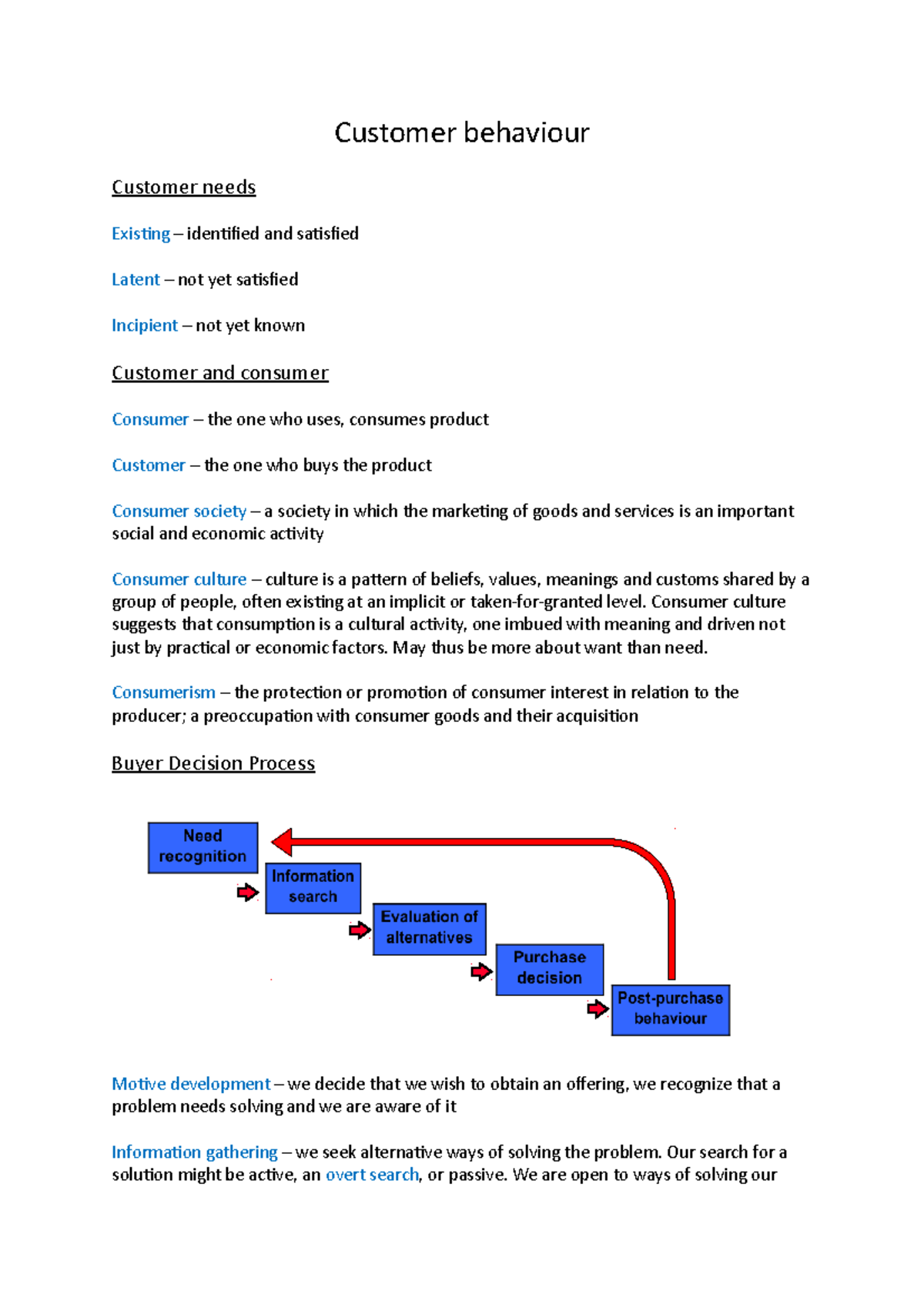 Customer behaviour - Lecture Notes - Customer behaviour Customer needs ...