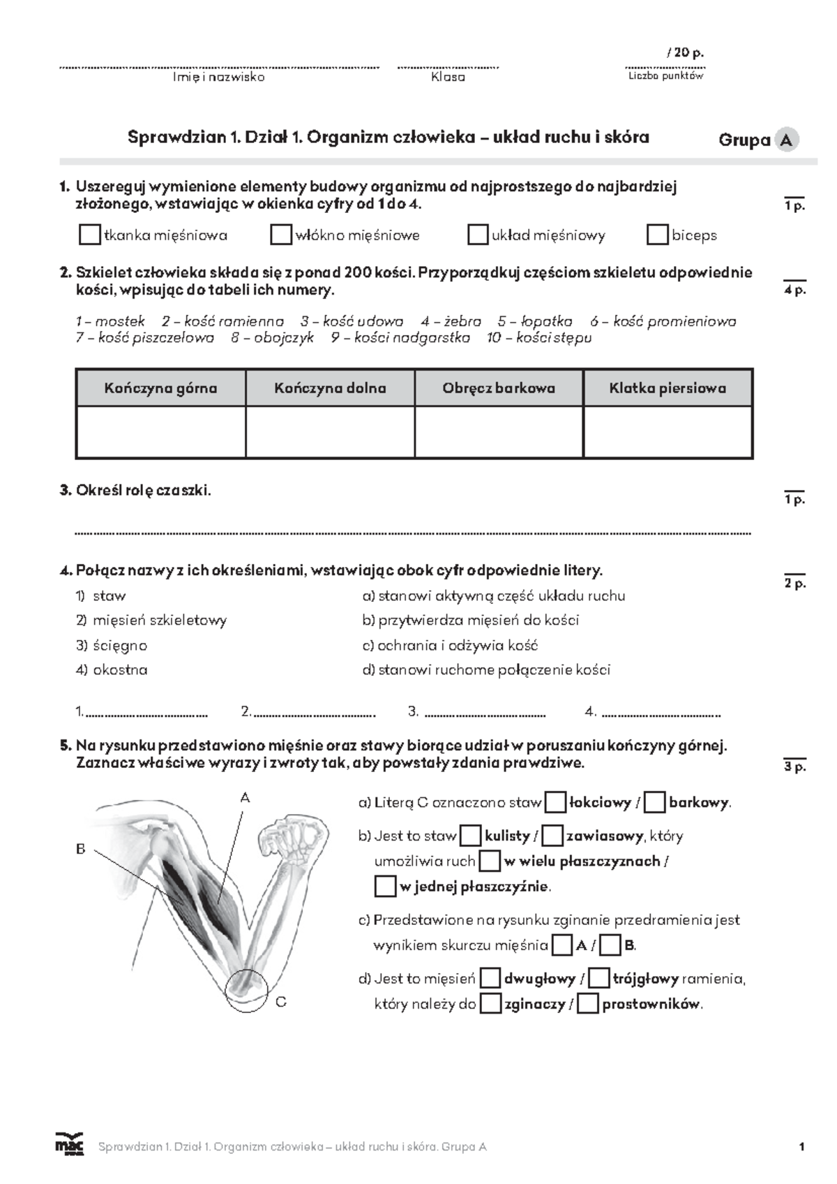 Sprawdzian kl7 po dziale i biologia - Sprawdzian 1. Dział 1. Organizm ...