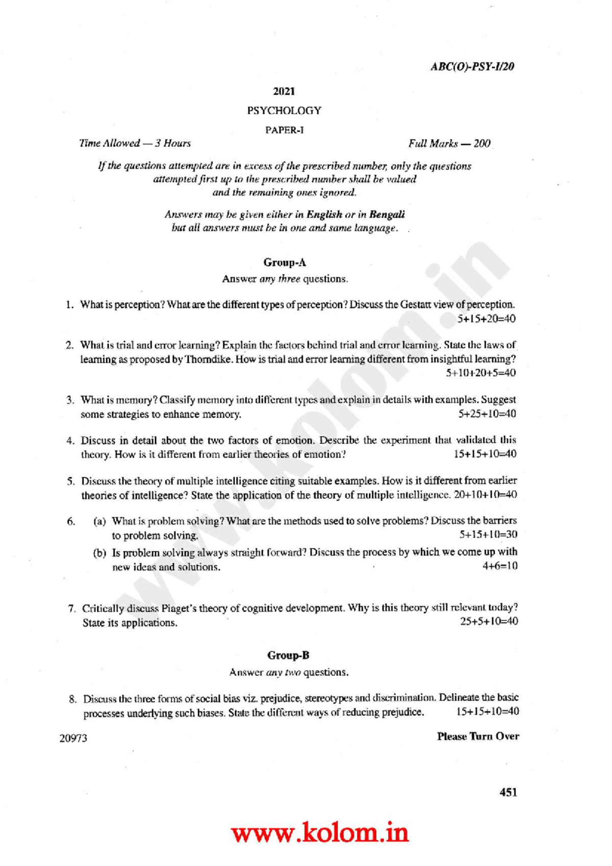 WBCS Psychology Optional Question Paper 2020 - Christ University - Studocu