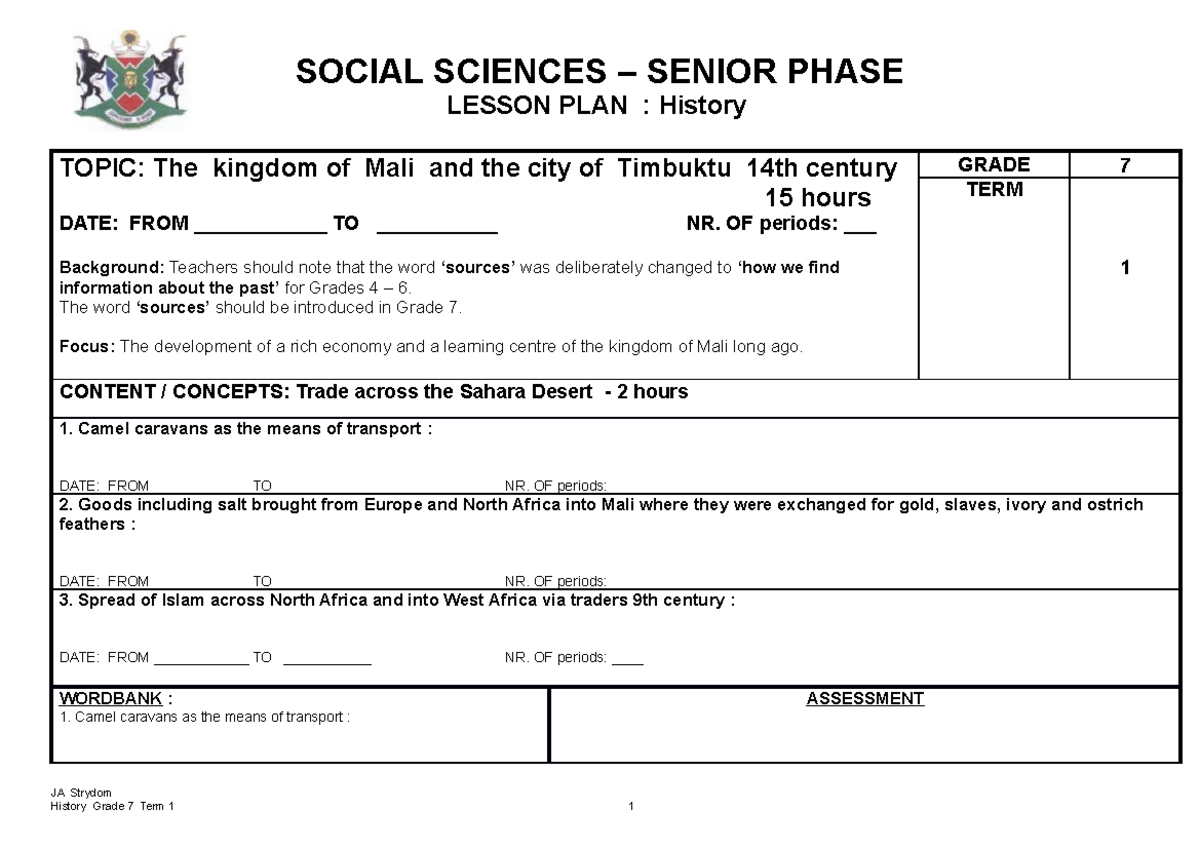 Grade 7 History Term 1 SOCIAL SCIENCES SENIOR PHASE LESSON PLAN 