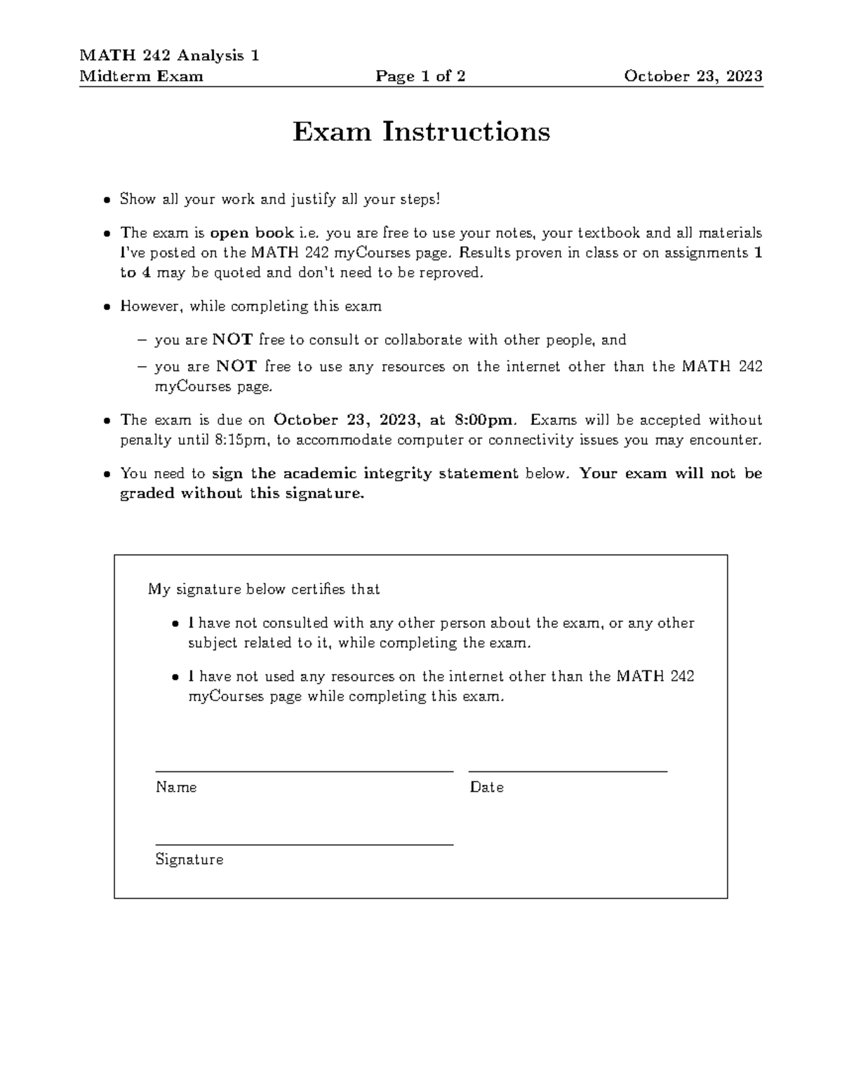 242f23midterm - Midterm - MATH 242 Analysis 1 Midterm Exam Page 1 of 2 ...