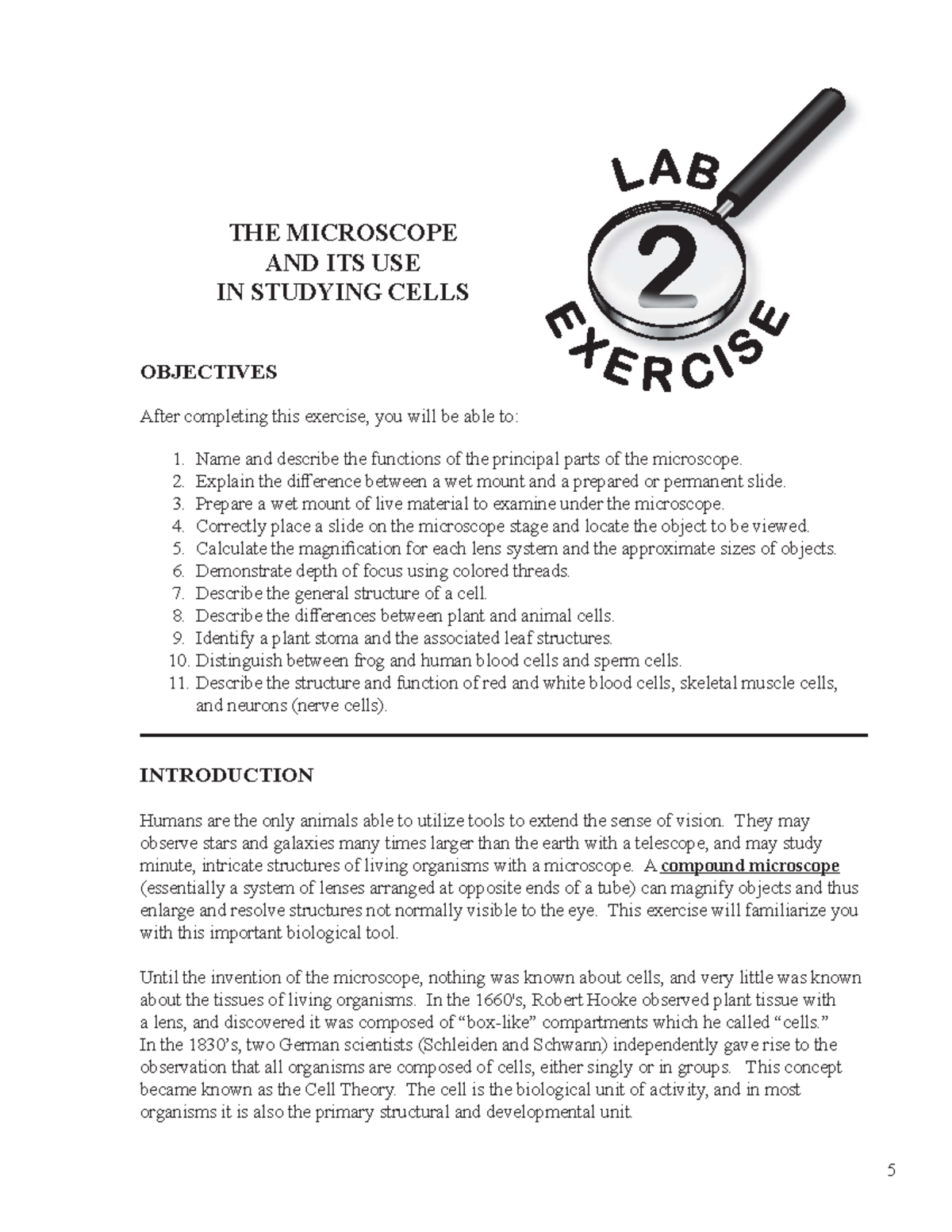 BI101 Latest 2014 - INTRO TO BIOLOGY - THE MICROSCOPE AND ITS USE IN ...