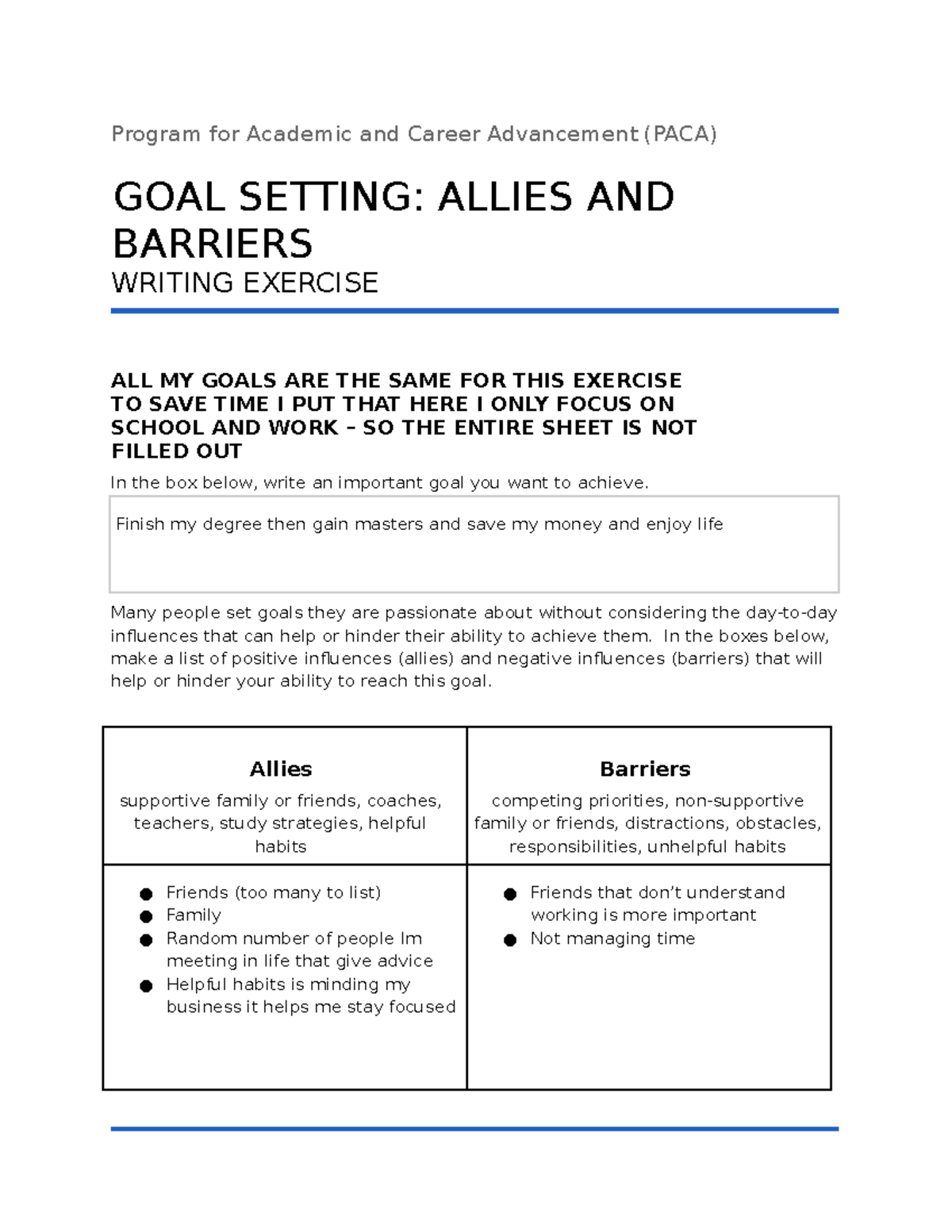 Goal Setting Allies and Barriers Worksheet - ENGL 6360 - Old English