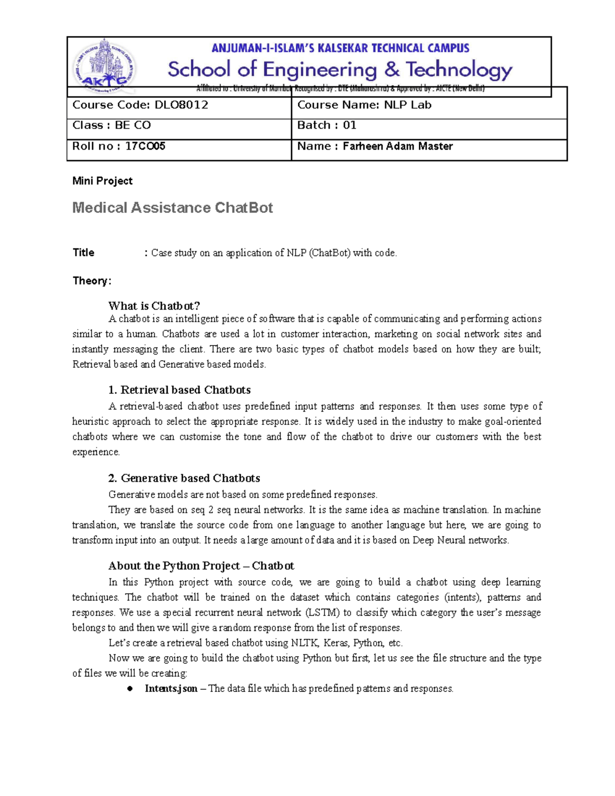 NLP Mini Project assignment - Course Code: DLO8012 Course Name: NLP Lab ...