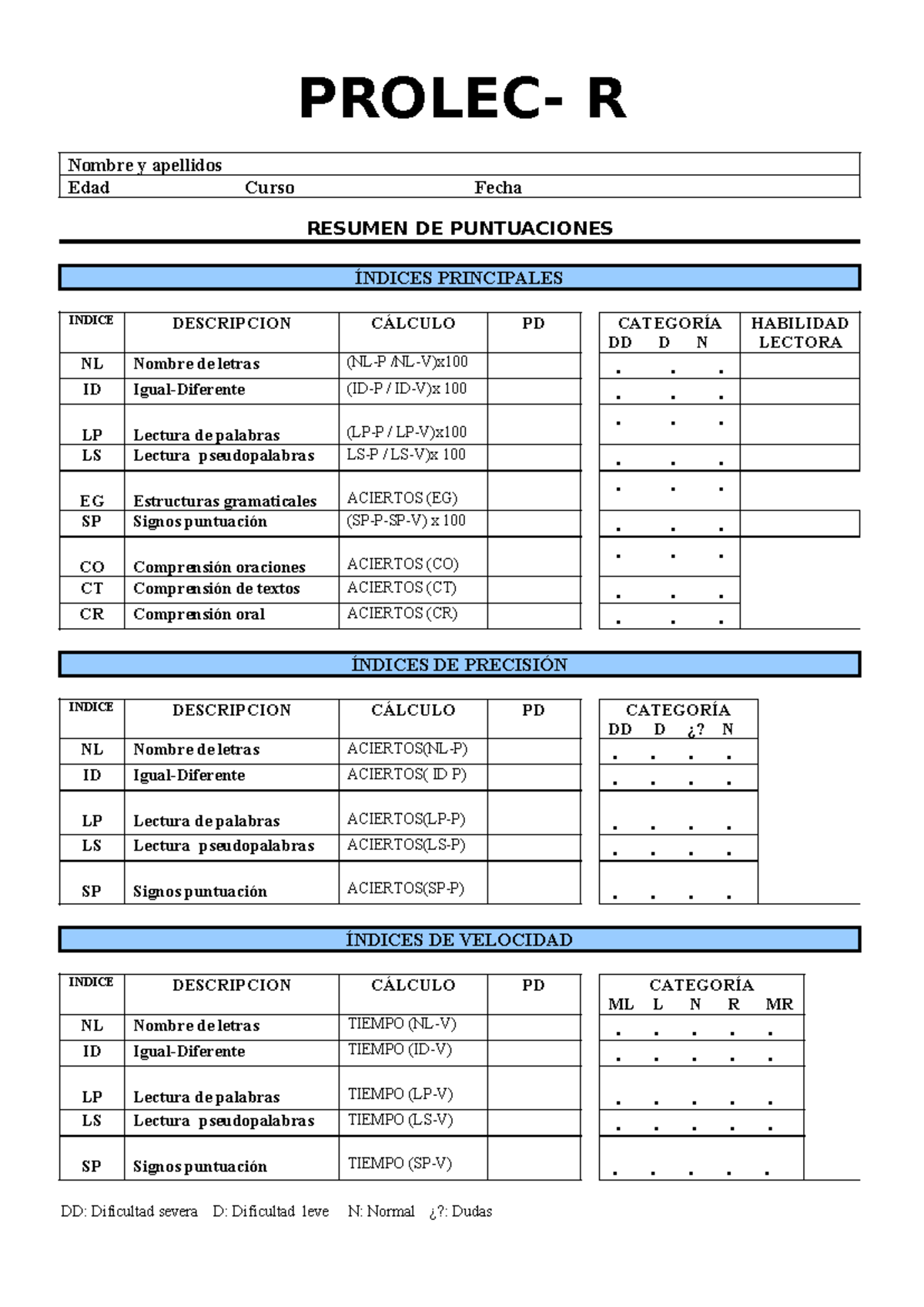 Hoja Resp - PARTE DEL PROLEC-R PARA EVALUAR LECTURA - PROLEC- R Nombre ...