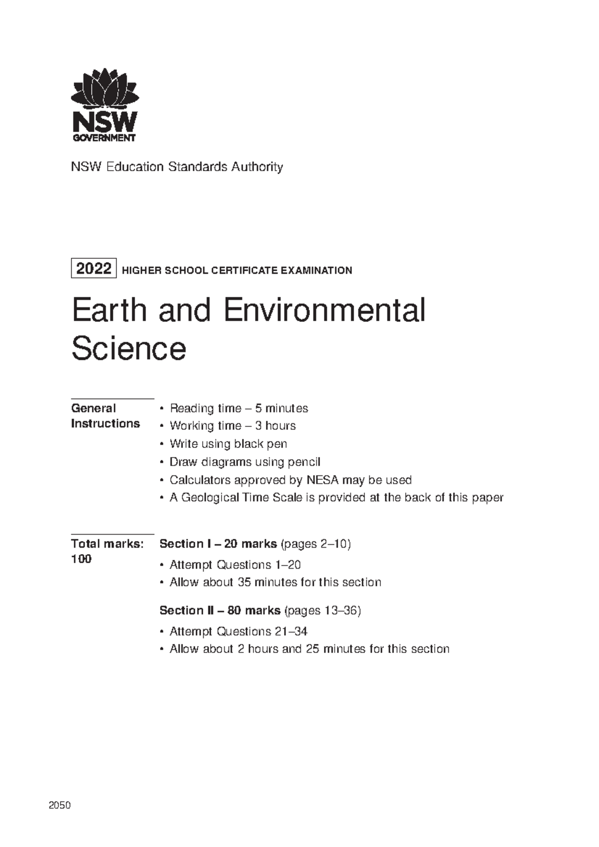 2022 hsc earth and environmental science 2050 NSW Education Standards