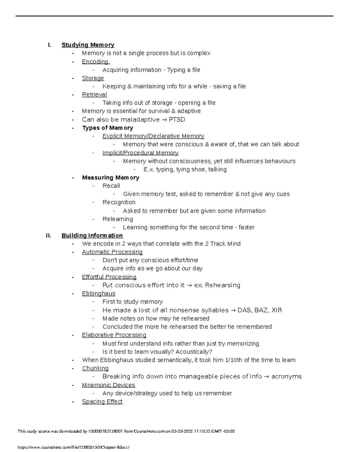 Chapter 8 - Module 8 Notes - I. Studying Memory - Memory Is Not A ...