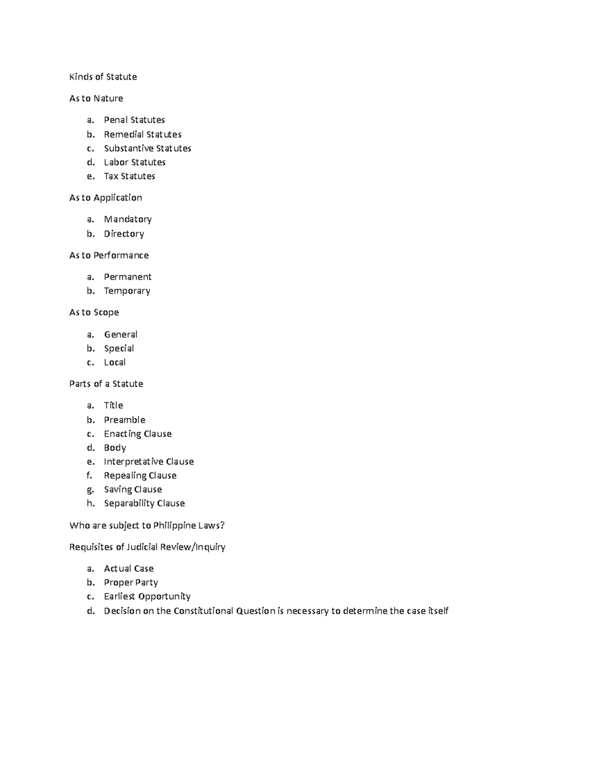 Topics-statcon-101723 - Kinds of Statute As to Nature a. Penal Statutes ...