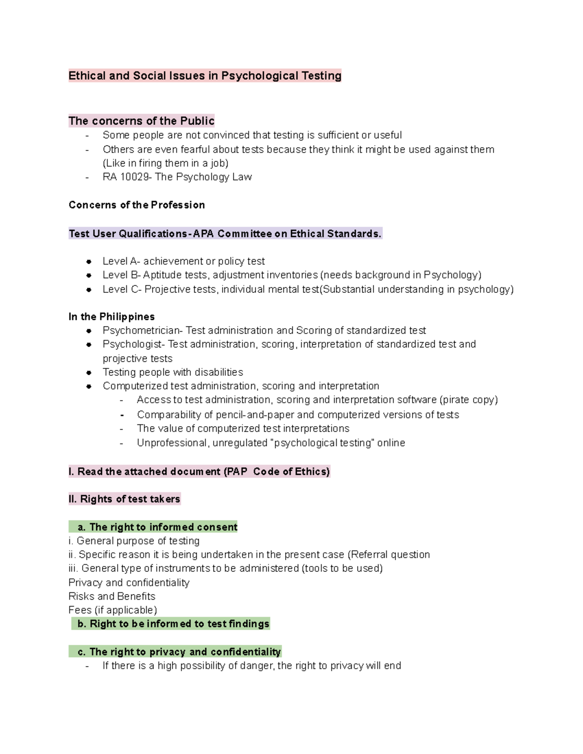 Ethical and Social Issues in Psychological Testing Level A