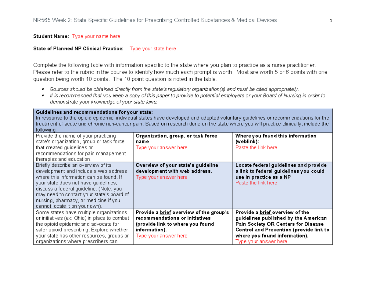 NR565 Week 2 State Specific Guidelines for Prescribing Controlled