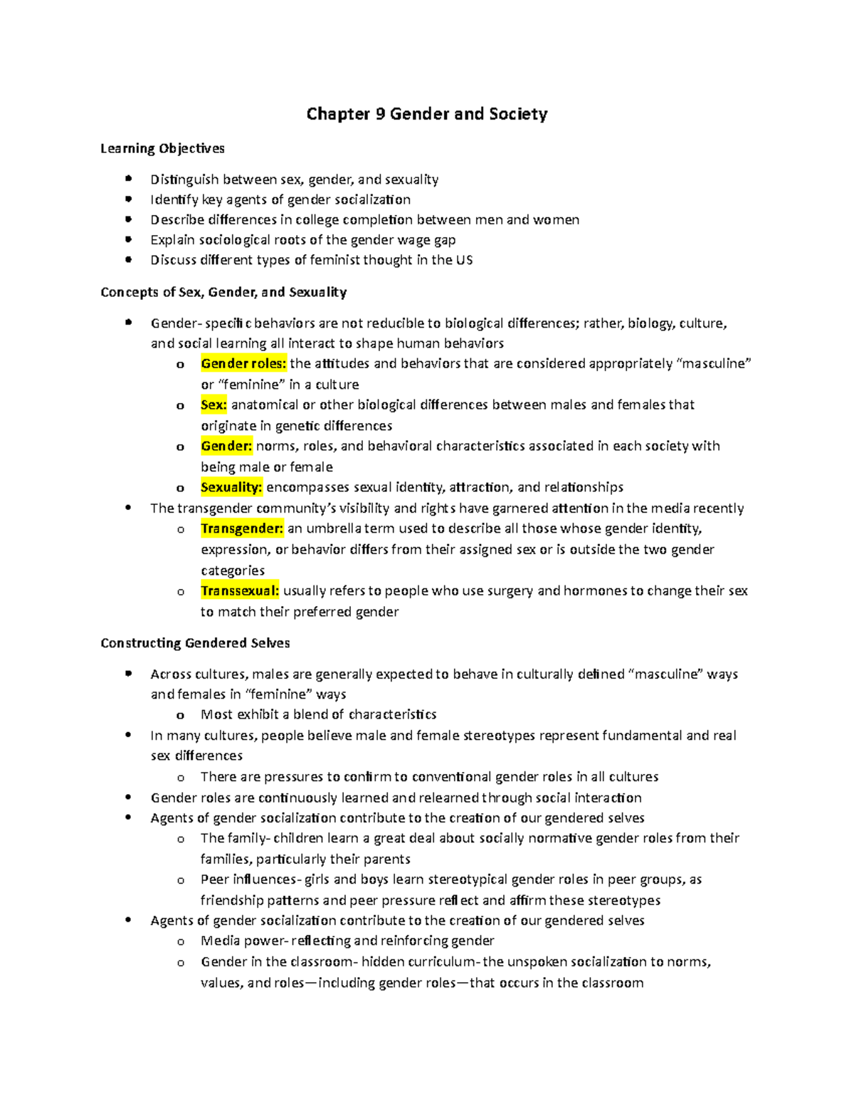 Sociology Chap 9 notes - gender and society - Chapter 9 Gender and ...