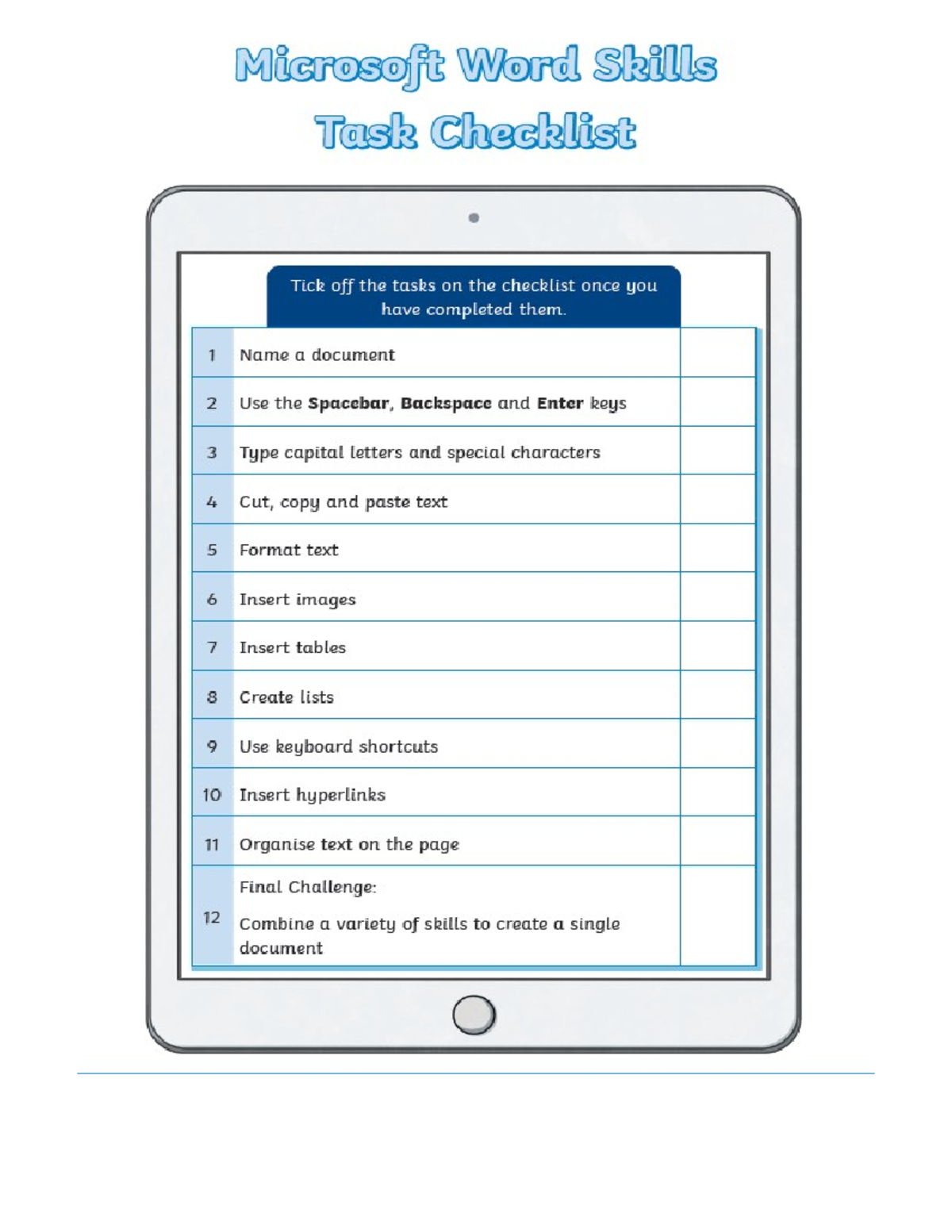 Doc1 - microsoft office - Microsoft Word Skills Task Checklist Tick off ...