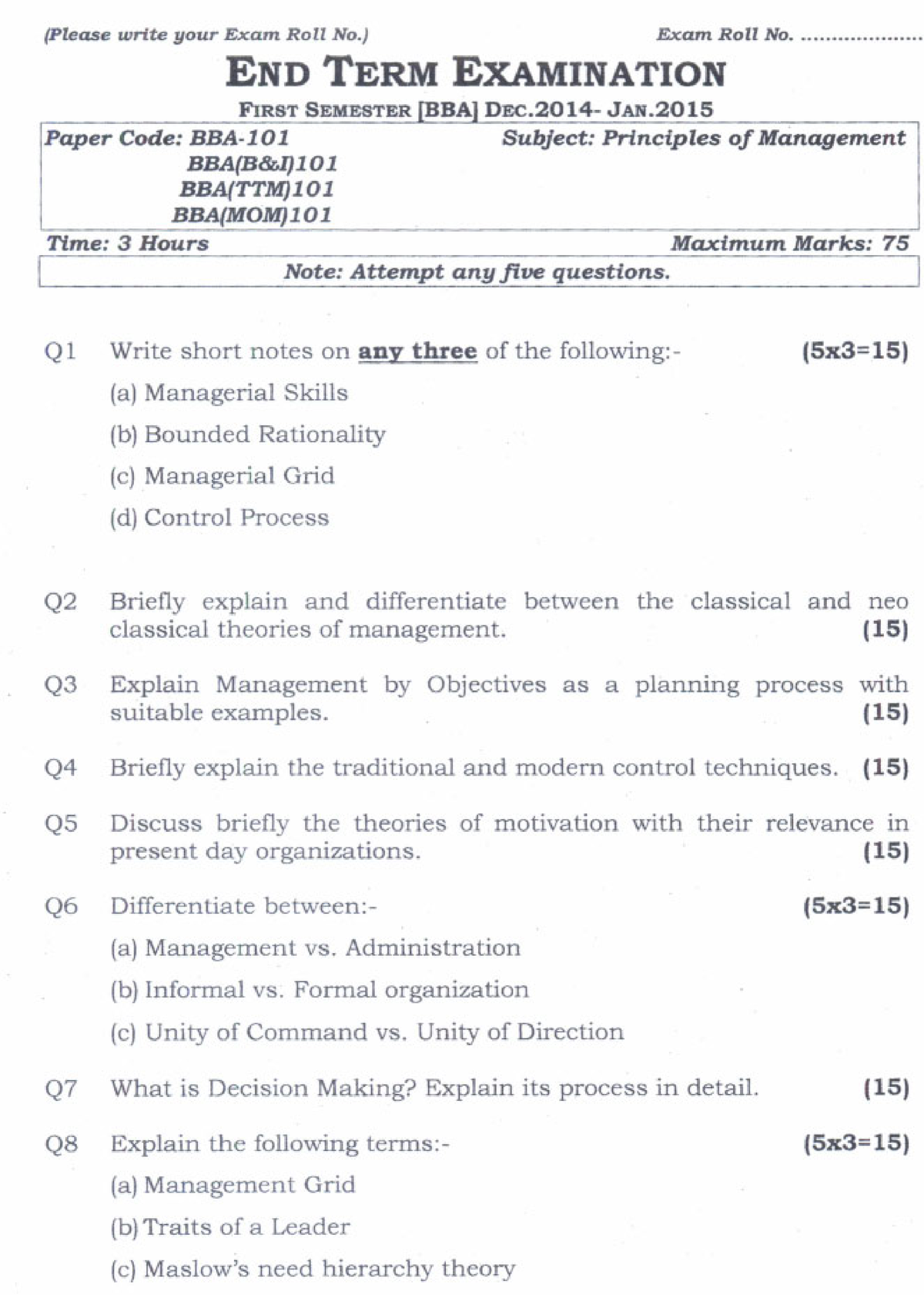 2014 pom dec2014 - (Please write your Exam Roll No.) Exam Roll No. END ...