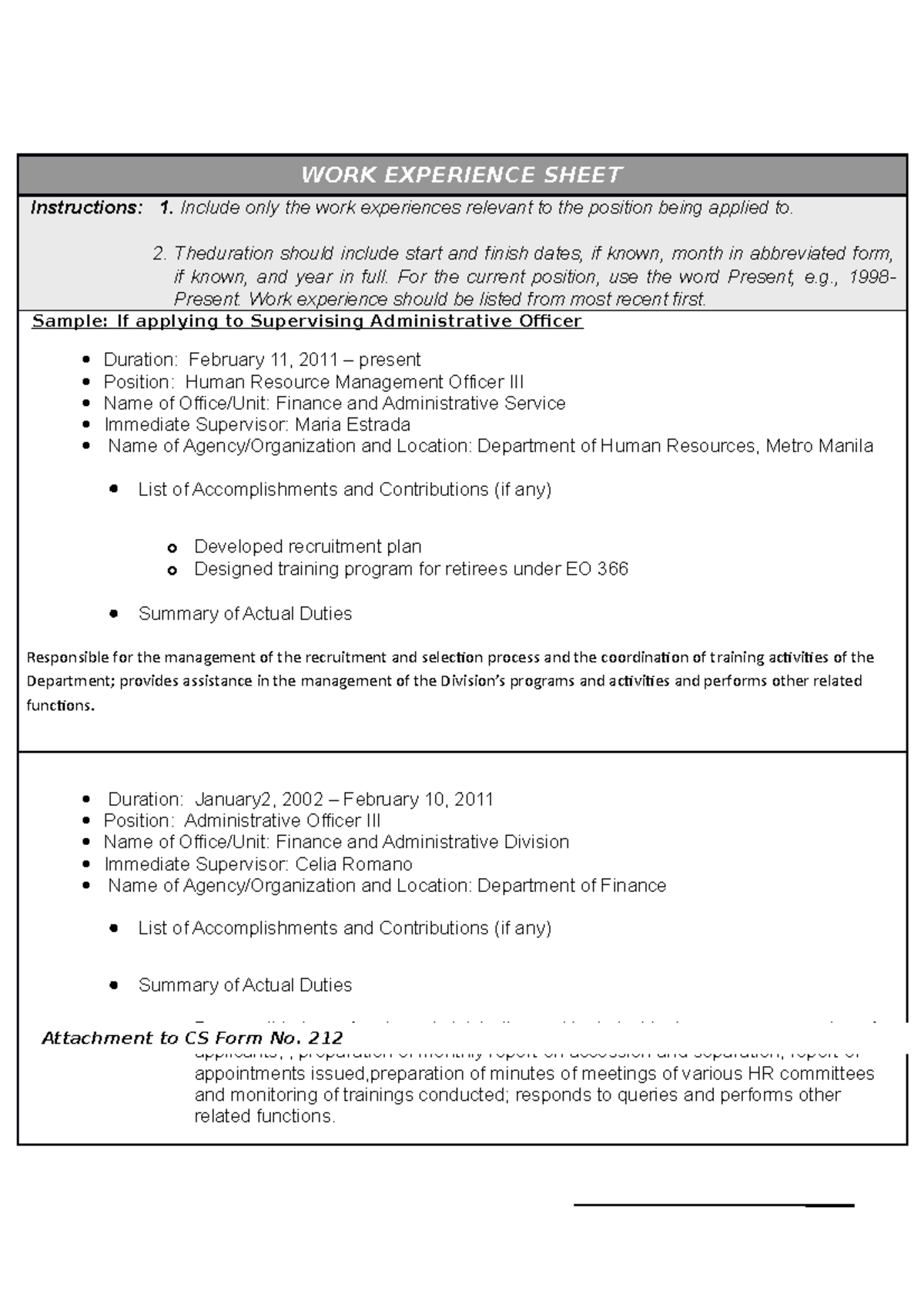 07-Work Experience Data Sheet - WORK EXPERIENCE SHEET Instructions: 1 ...
