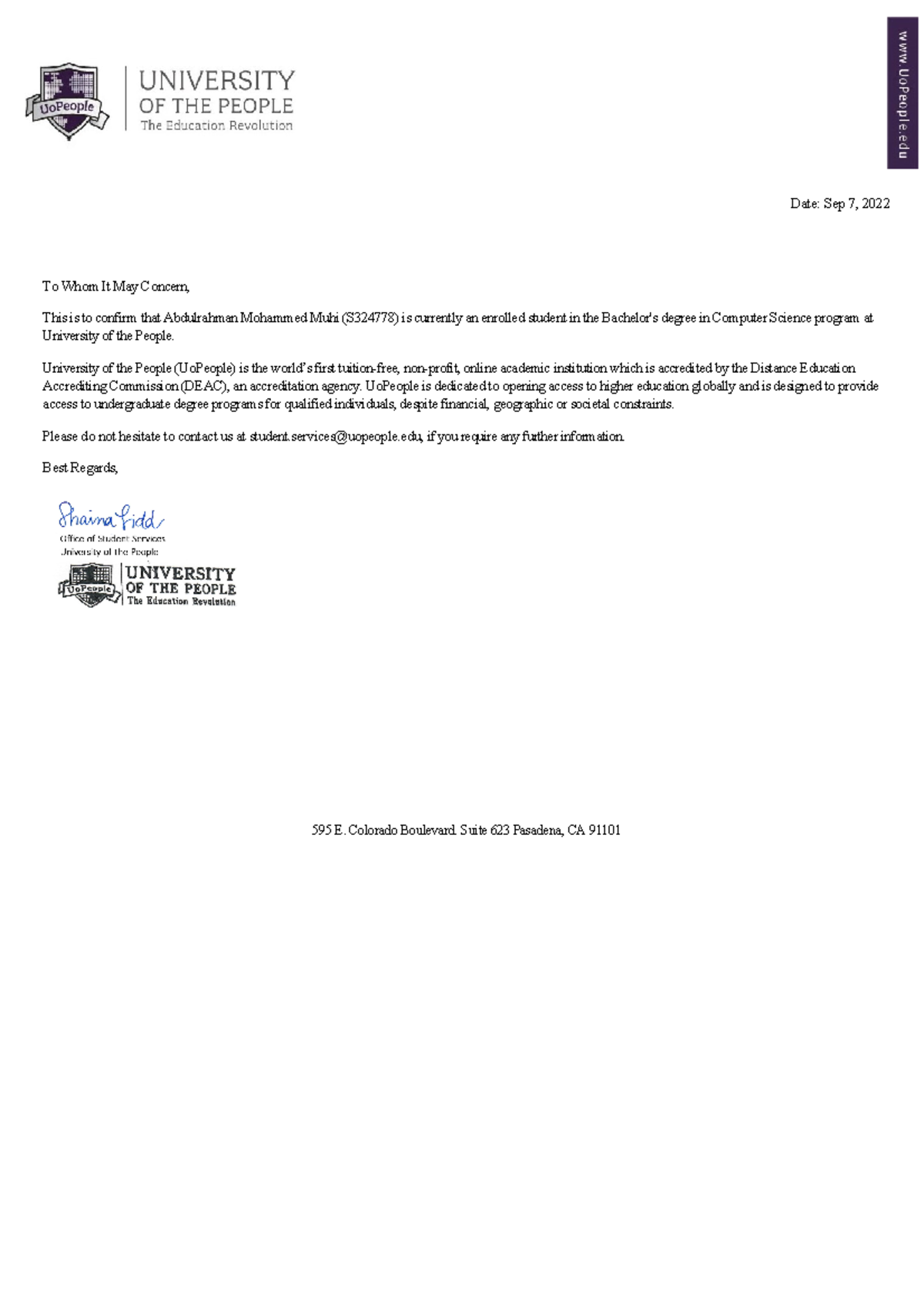 Confirmation Agreement - Date: Sep 7, 2022 To Whom It May Concern, This ...