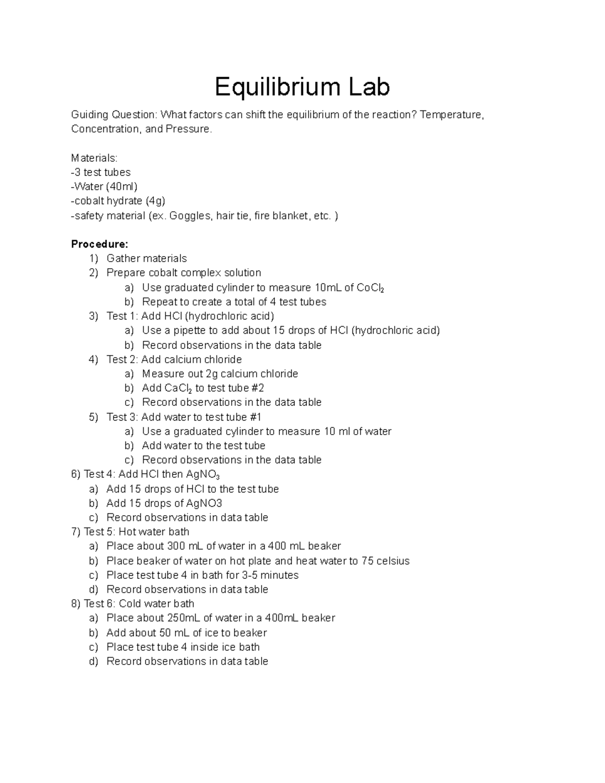 Equilibrium Lab Equilibrium Lab Guiding Question What factors can