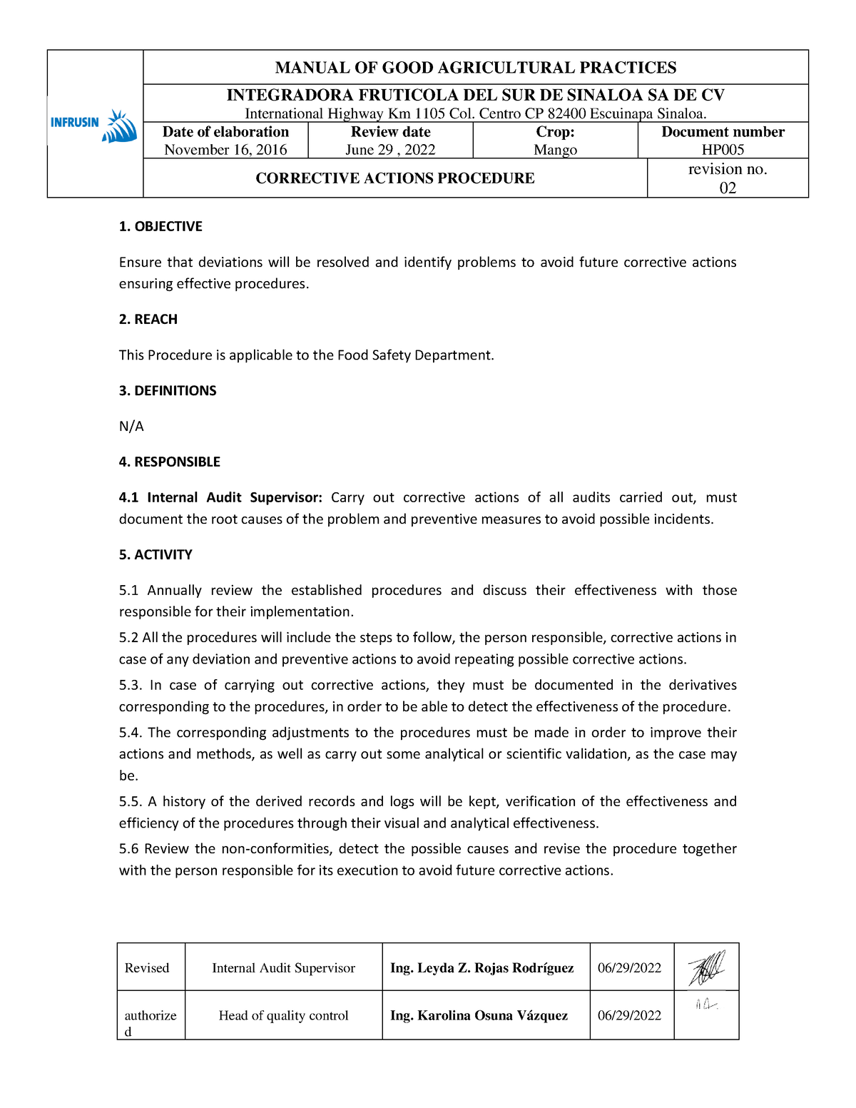 HP005 Corrective Actions Procedure - INTEGRADORA FRUTICOLA DEL SUR DE ...