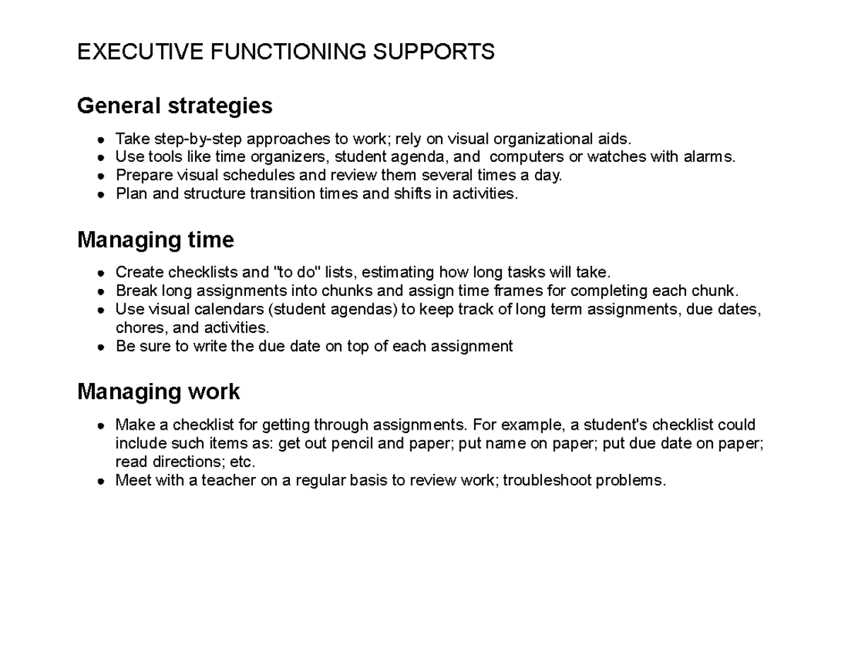 Executive Functioning Supports - EXECUTIVE FUNCTIONING SUPPORTS General ...
