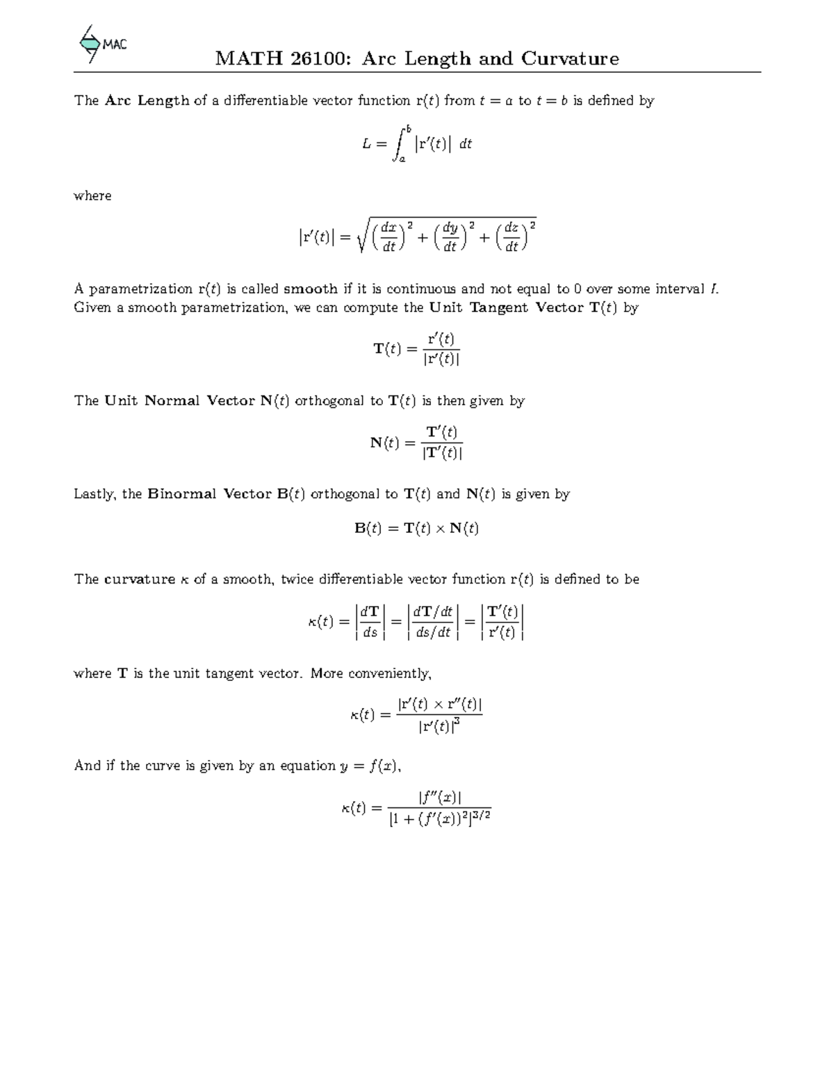 261232 Arc Length and Curvature MATH 26100 Arc Length and Curvature