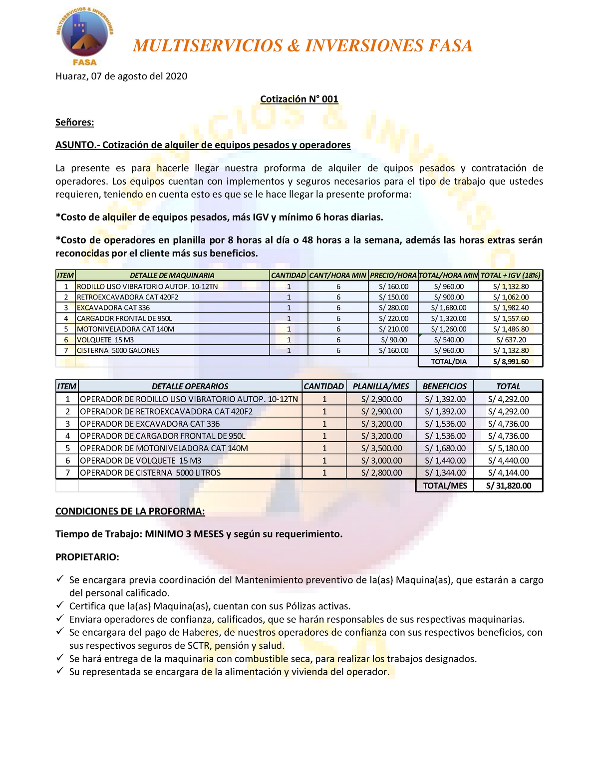 Cotización de alquiler de equipos pesados y operadores - MULTISERVICIOS  & INVERSIONES FASA - Studocu