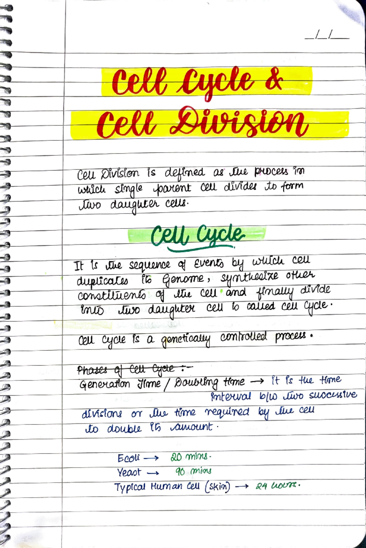 CELL Cycle Notes - Cell cycle Cell Division Cell Division is defined as ...