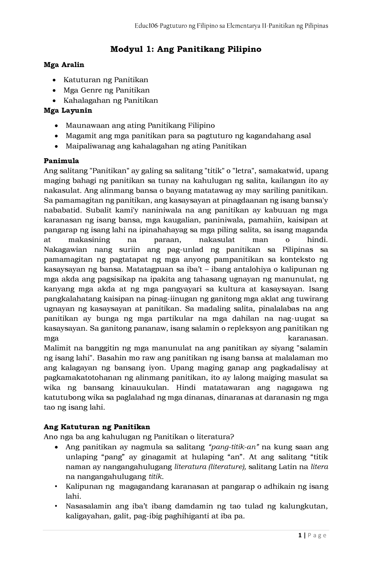 M1-L - Huh - Modyul 1: Ang Panitikang Pilipino Mga Aralin - Katuturan ...