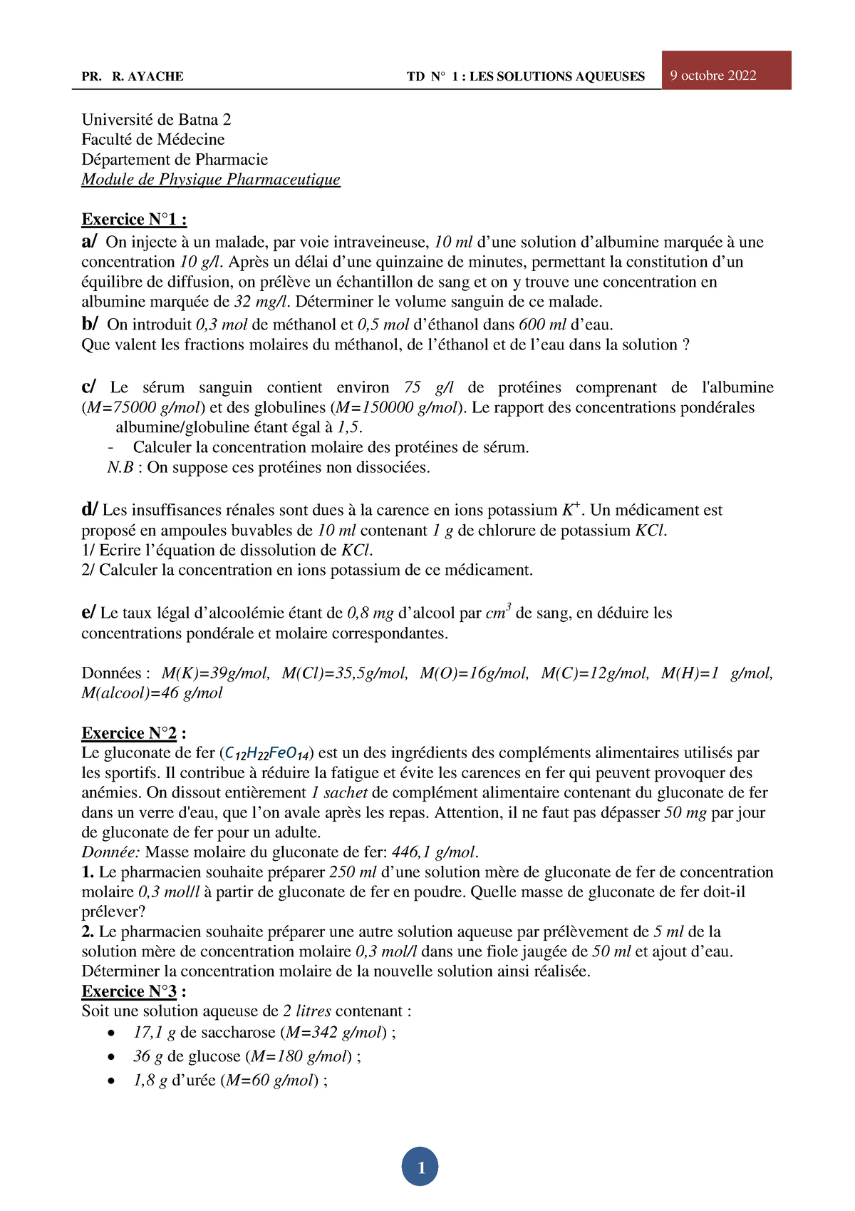 Td1 2022 - TD N° 1 : LES SOLUTIONS AQUEUSES - PR. R. AYACHE TD N° 1 ...