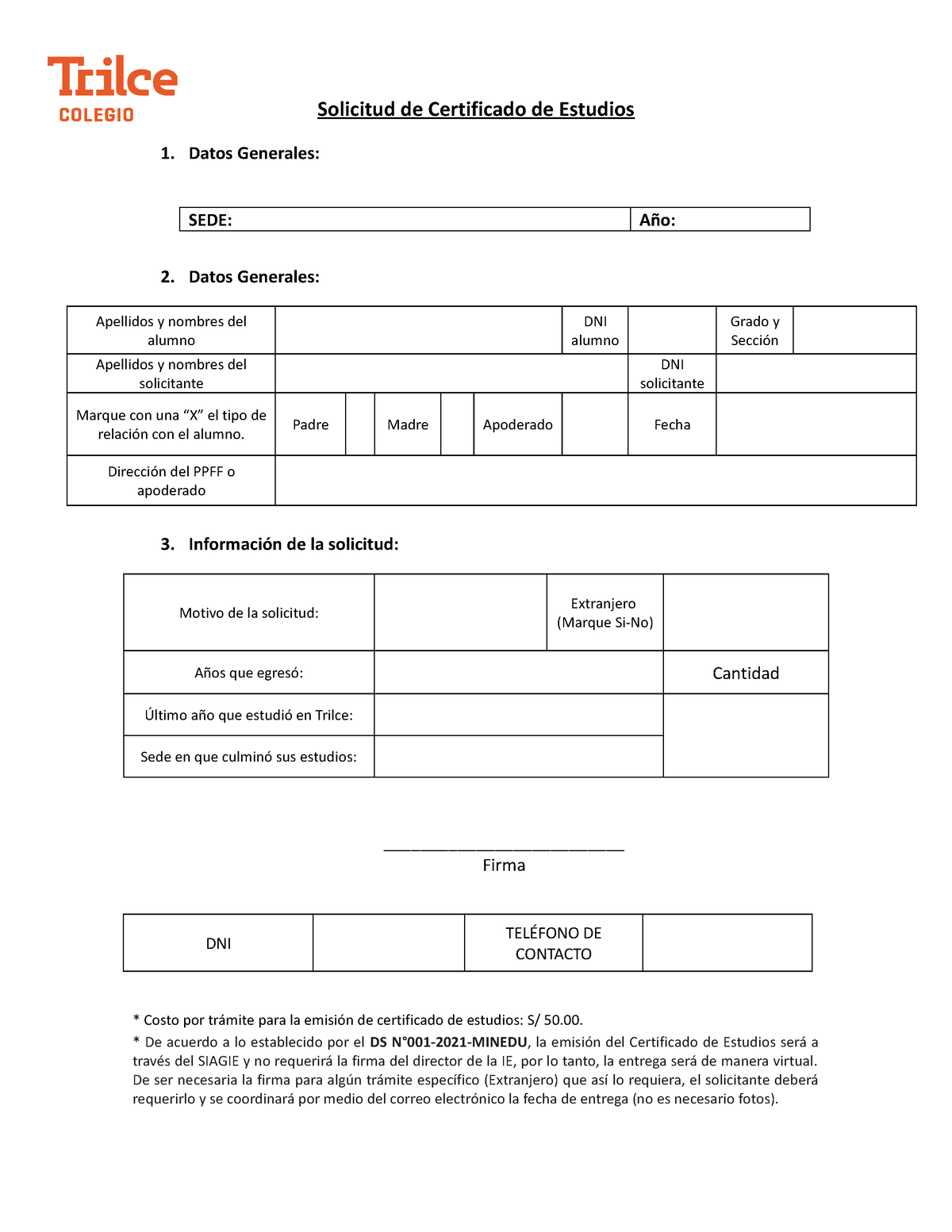 Formato de solicitud certificado de estudios Trilce Solicitud de