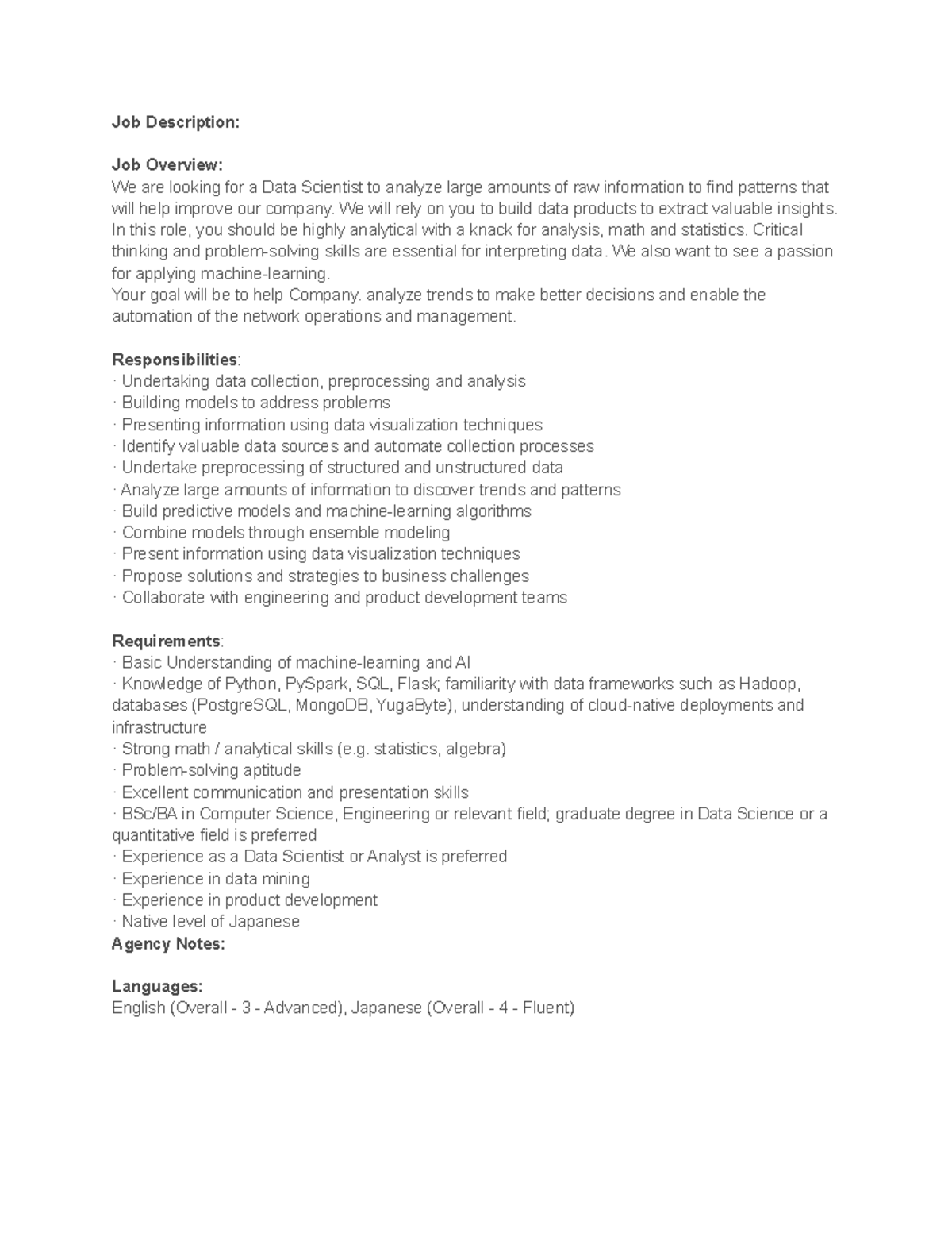 Data scientist JD Job Description Sample Job Description Job