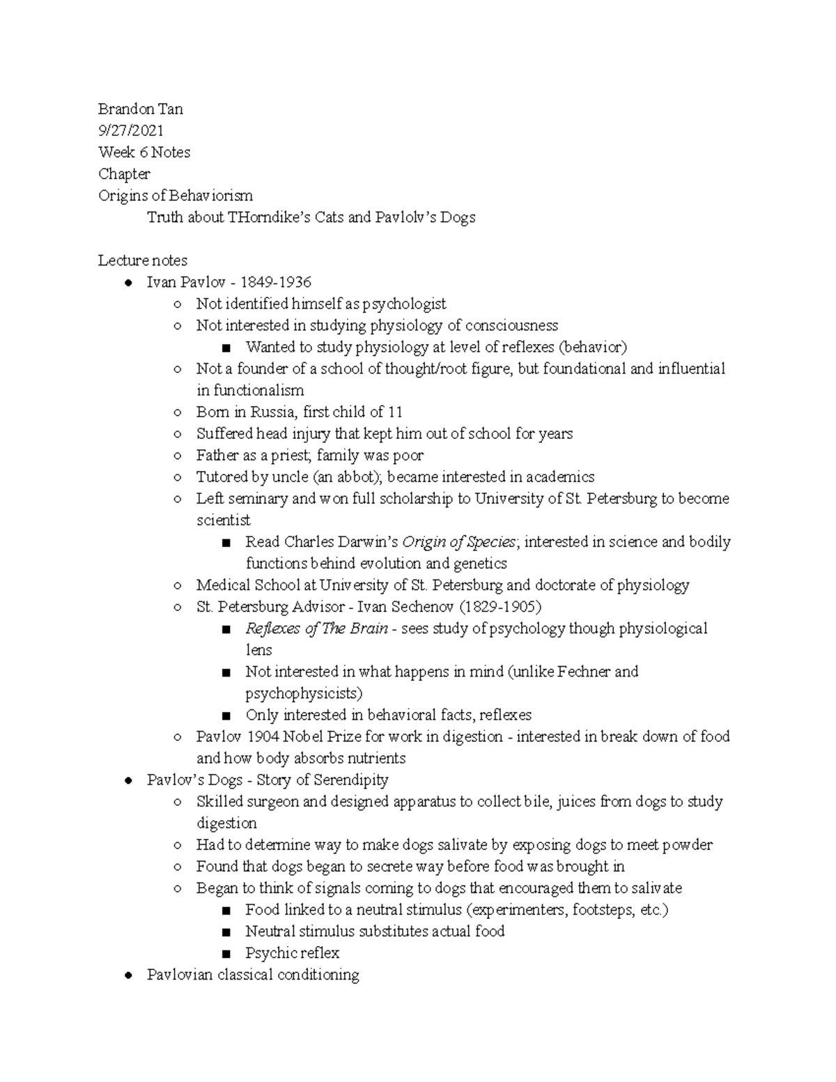 5150 Week 6 Notes - Ivan Pavlov and Thorndike - The history and ...