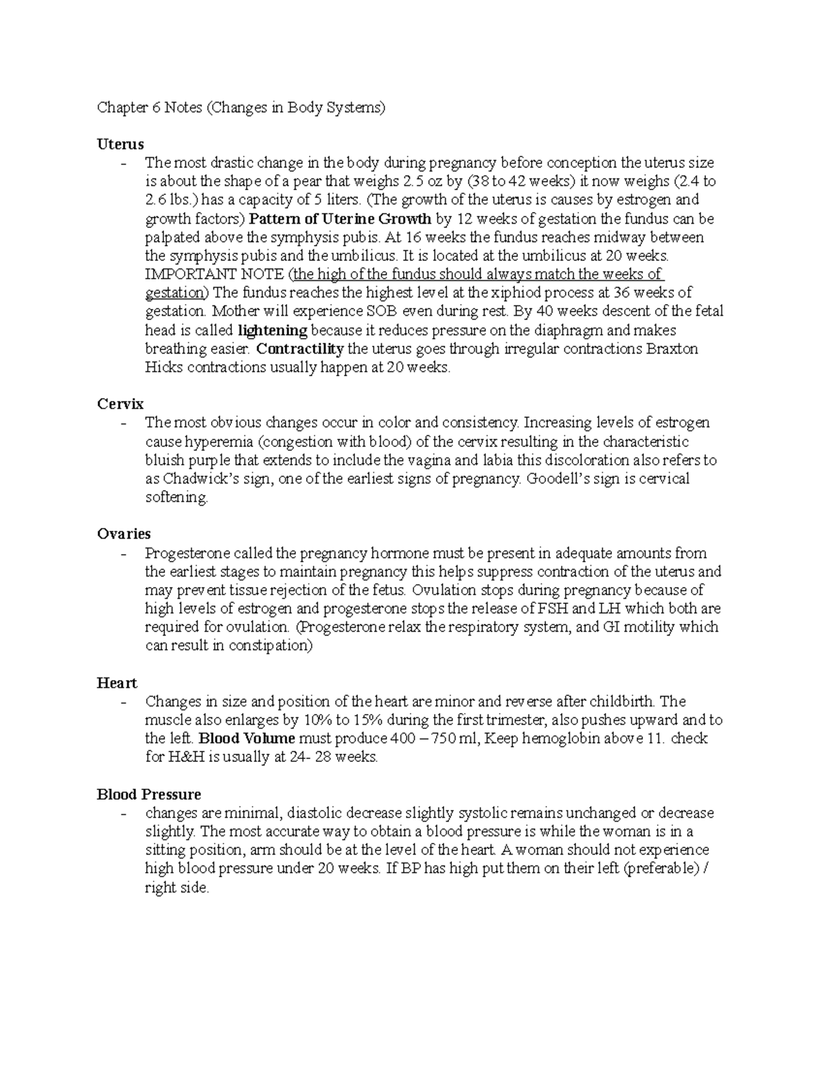Chapter 6 Notes for OB (106) - Chapter 6 Notes (Changes in Body Systems ...