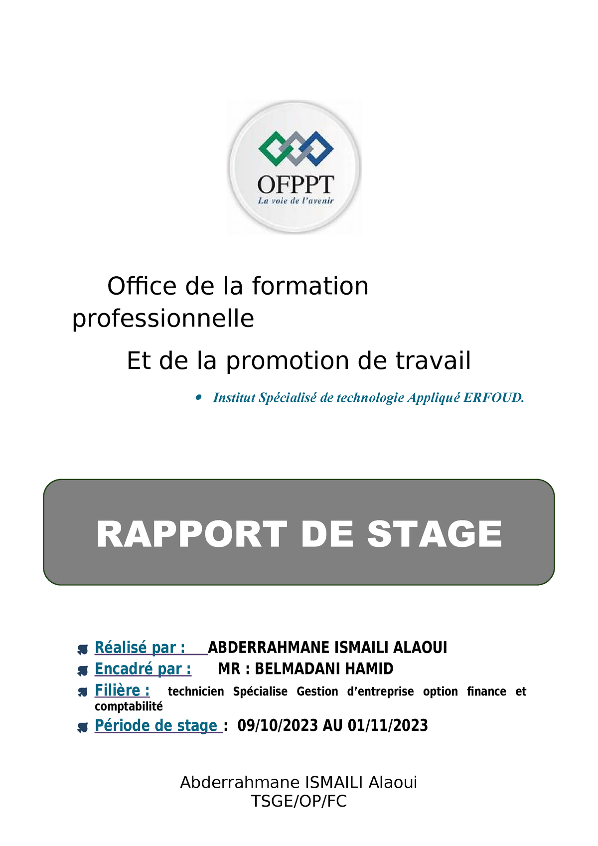 Rapport De Stage Abderrahmane Office De La Formation Professionnelle