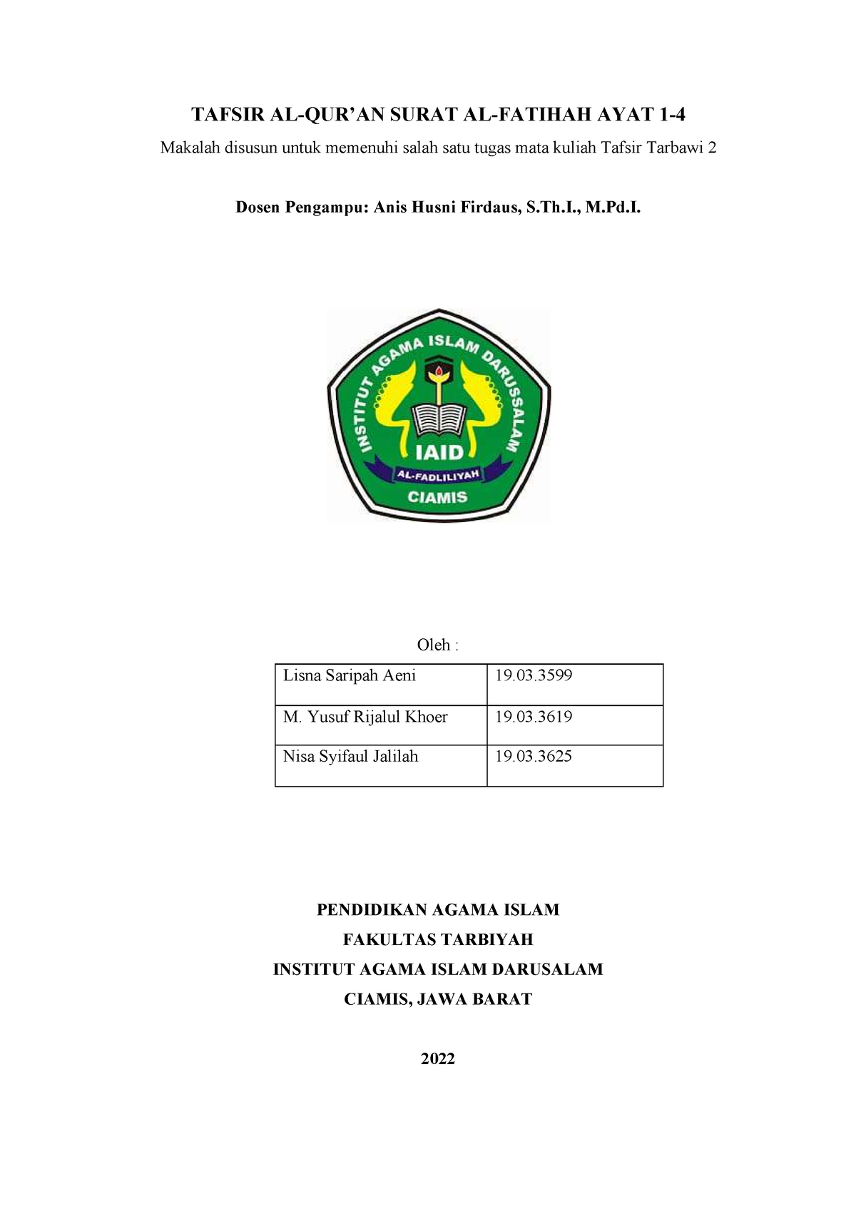 Makalah Tafsir Tarbawi 2 Kel 1 - TAFSIR AL-QUR’AN SURAT AL-FATIHAH AYAT ...