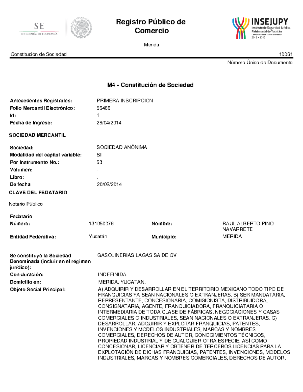 Boleta de inscripcion al RPC - Comercio Merida Constitución de Sociedad ...