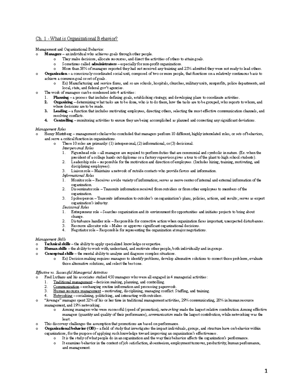 Ch 1 Study Guide - Ch. 1 - What is Organizational Behavior? Management ...