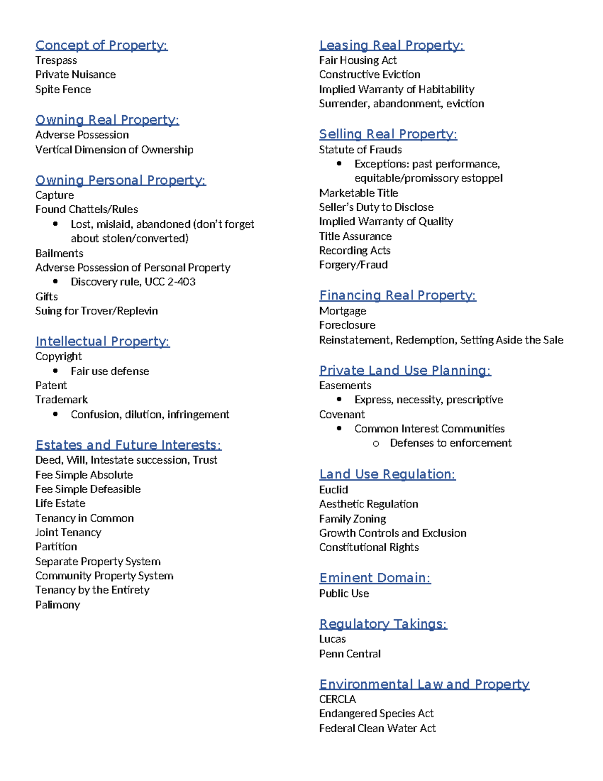 Property Checklist - Outline - Concept of Property: Trespass Private ...