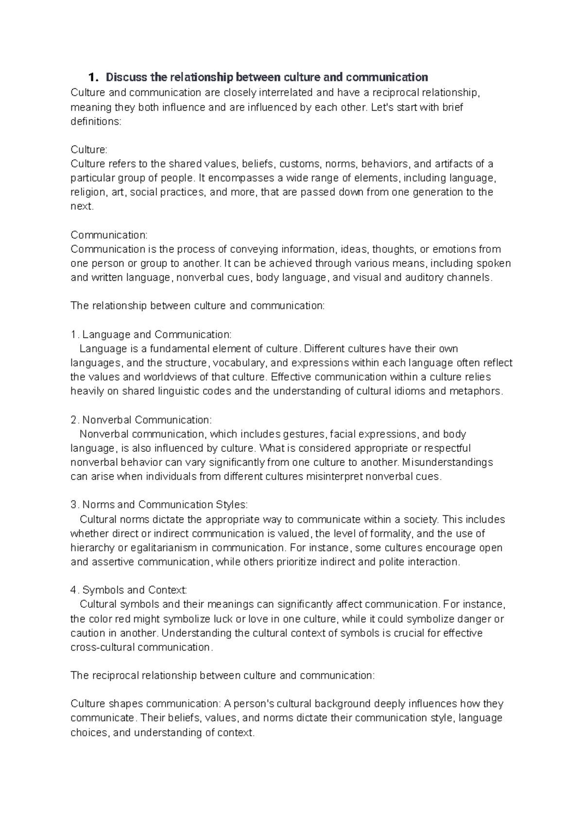 Midterm Paper FOR 1. Discuss the relationship between culture