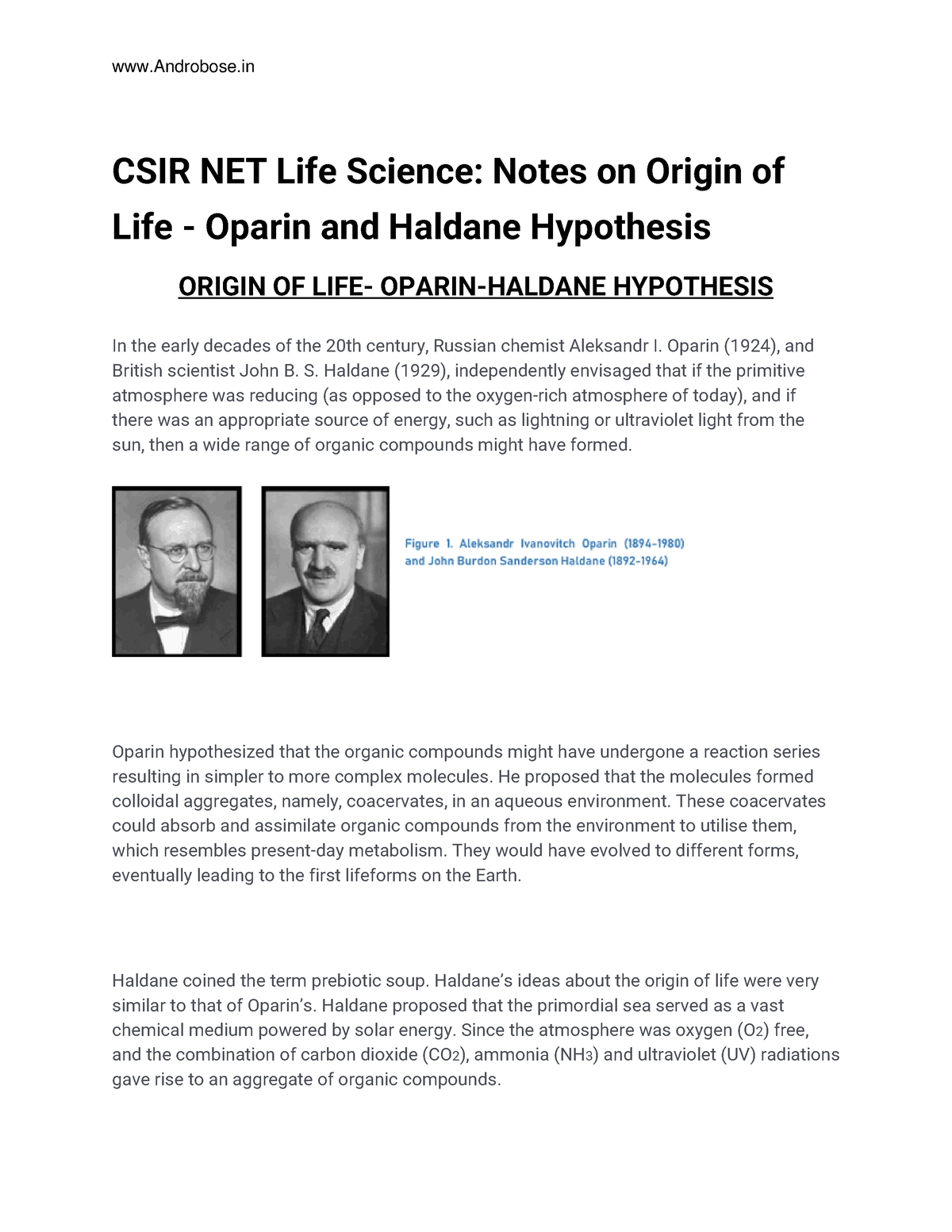 Csir Net Life Science Notes On Origin Of Life Oparin And Haldane Hypothesis Oparin 1924