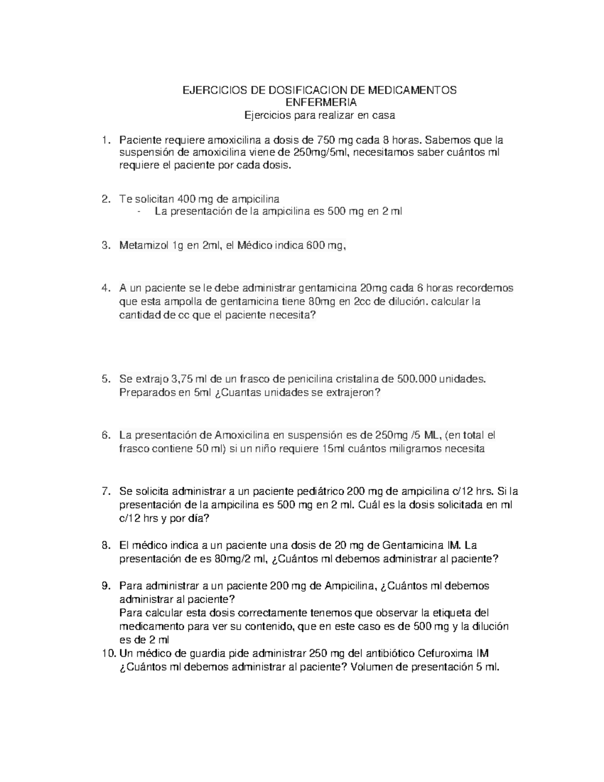 Ejercicios DE Dosificacion DE Medicamentos - EJERCICIOS DE DOSIFICACION