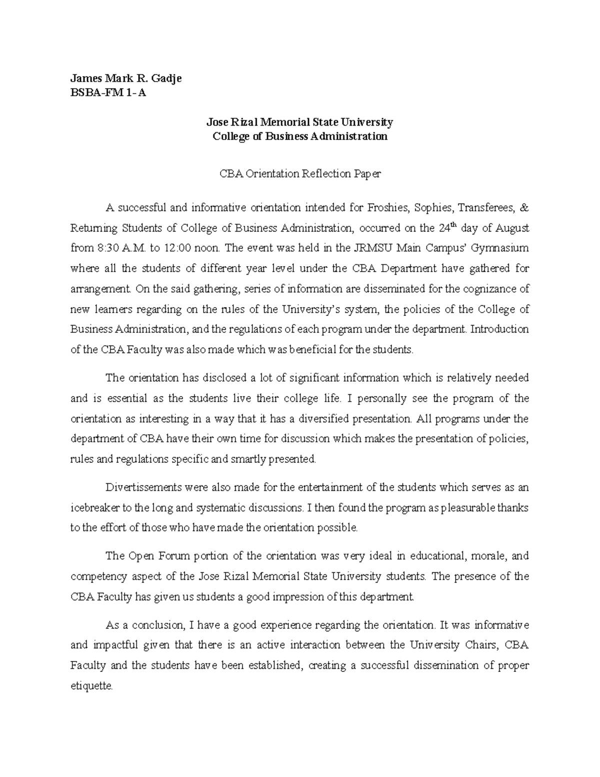 Reflection - Study - James Mark R. Gadje BSBA-FM 1- A Jose Rizal ...