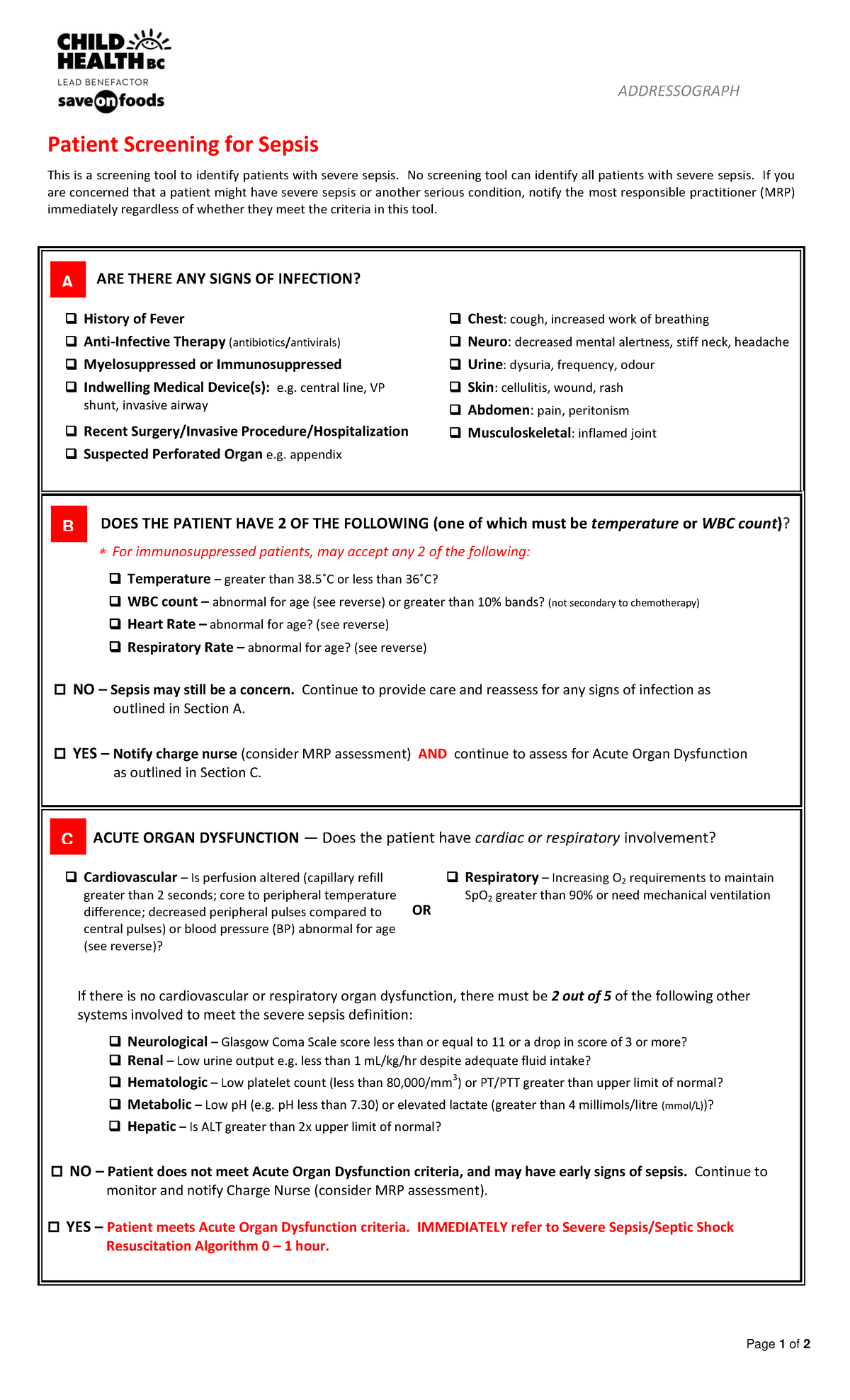 Chbc modified sepsis screening tool - Page 1 of 2 ADDRESSOGRAPH Patient ...