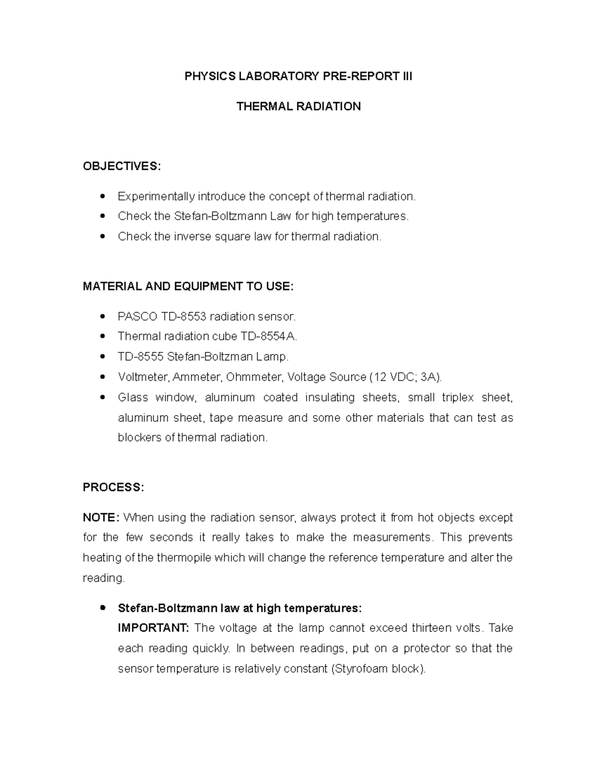 PRE - Report Thermal Radiation - PHYSICS LABORATORY PRE-REPORT III ...