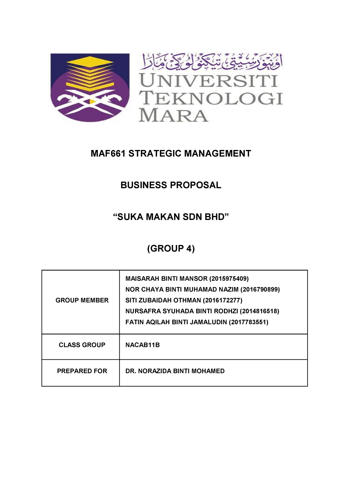 MAF661 BP Group 4 - SUKA Makan SDN BHD - Strategic Management - UiTM ...