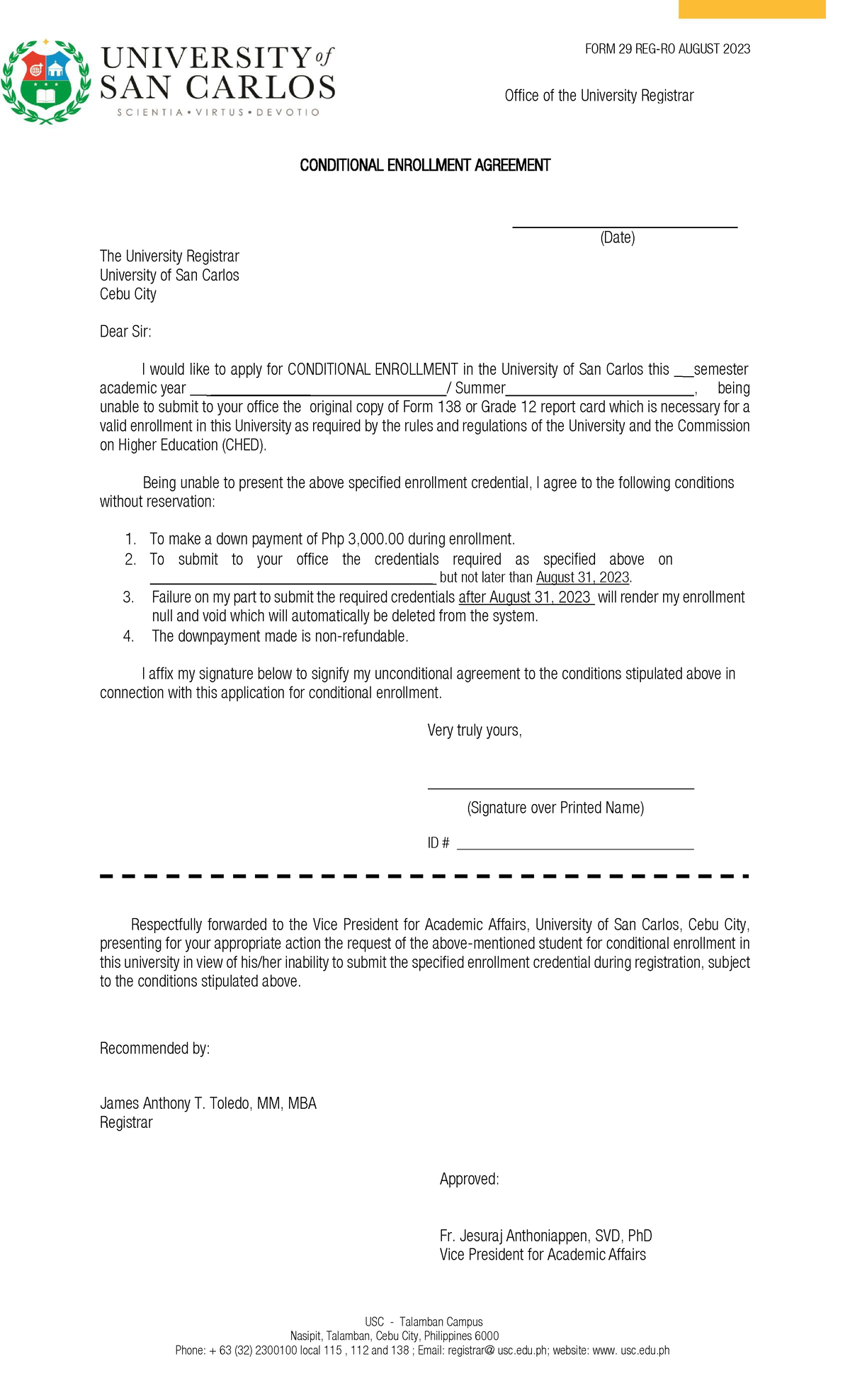 Conditional Purposes - Office of the University Registrar FORM 29 REG ...