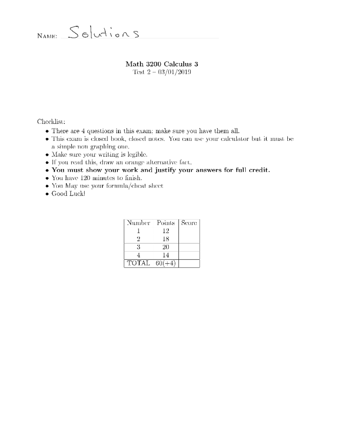 3200test22019 solutions - NAME: Solutions Math 3200 Calculus 3 Test 2 ...