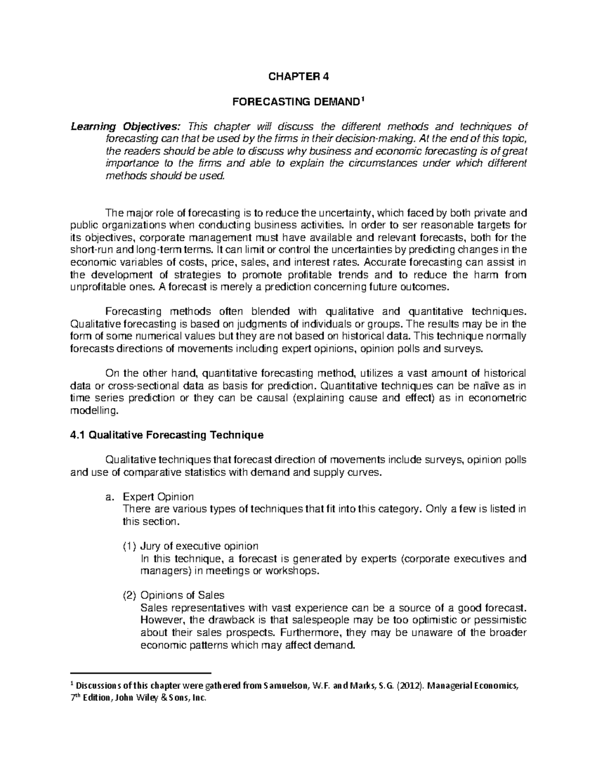 Managerial Economics for Non-major Chapter 4 - CHAPTER 4 FORECASTING ...